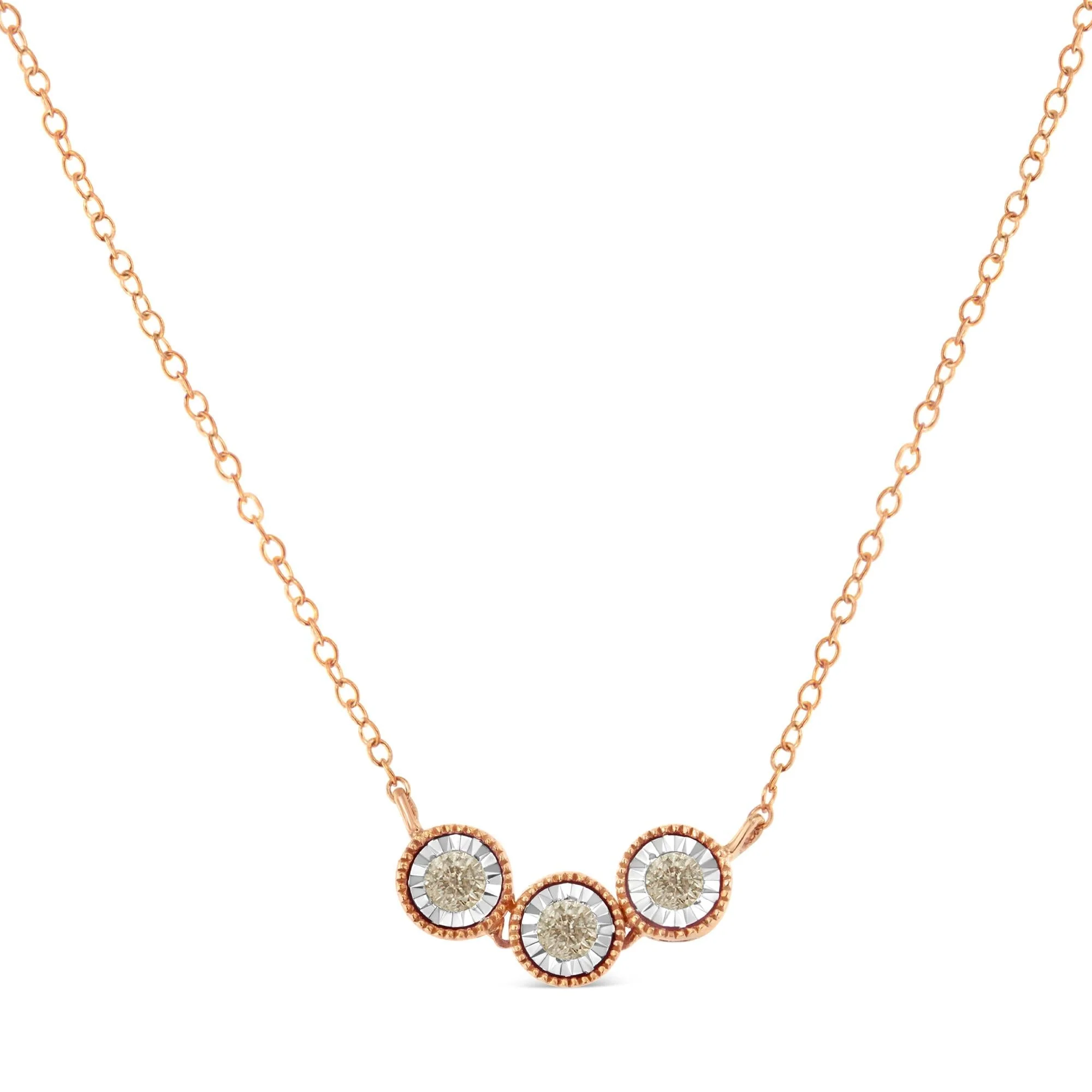 10K Rose and White Gold Plated .925 Sterling Silver 1/4 Cttw Miracle-Set Champagne Diamond Triple Circle 18" Necklace (I2-I3 Clarity) - Image 2