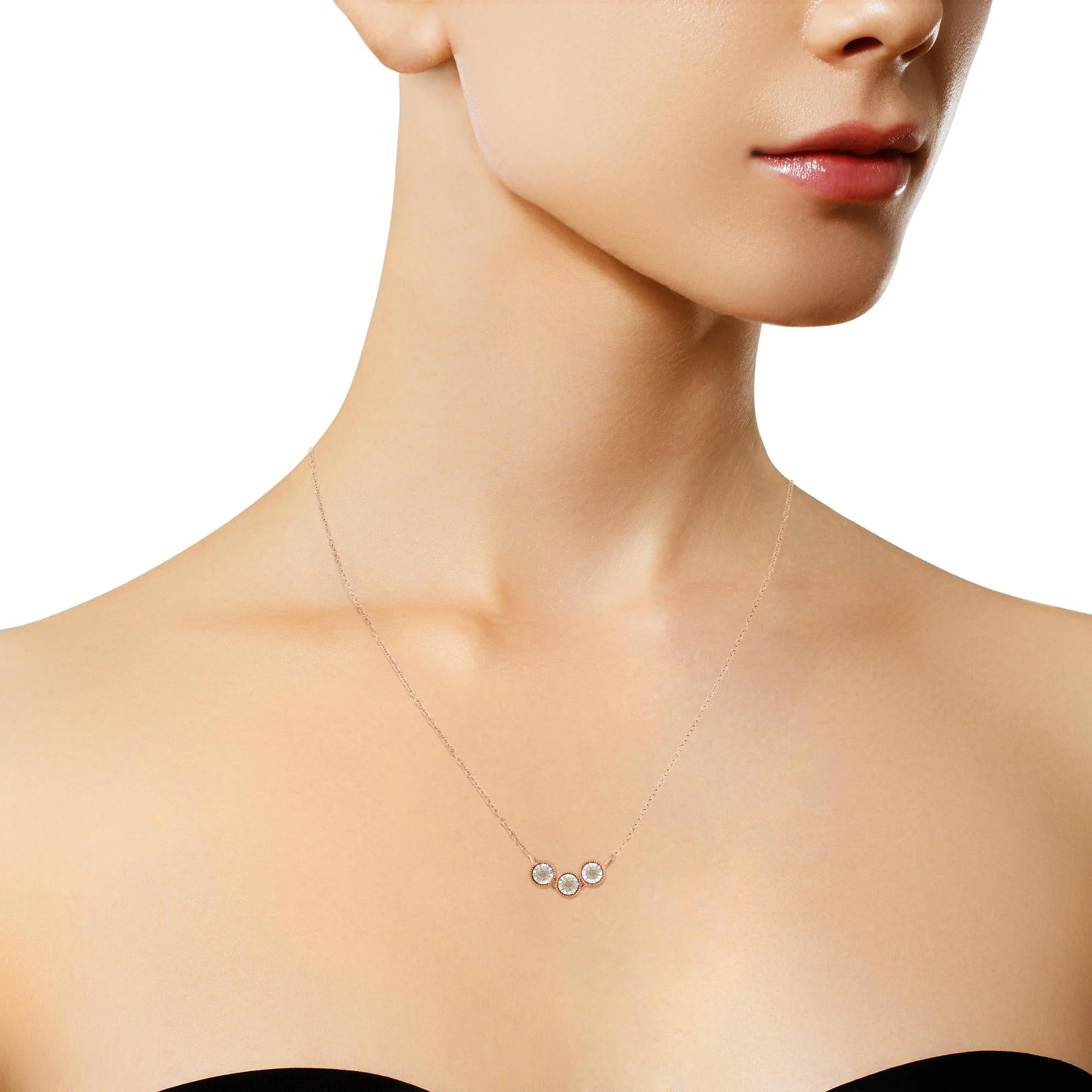 10K Rose and White Gold Plated .925 Sterling Silver 1/4 Cttw Miracle-Set Champagne Diamond Triple Circle 18" Necklace (I2-I3 Clarity) - Image 3