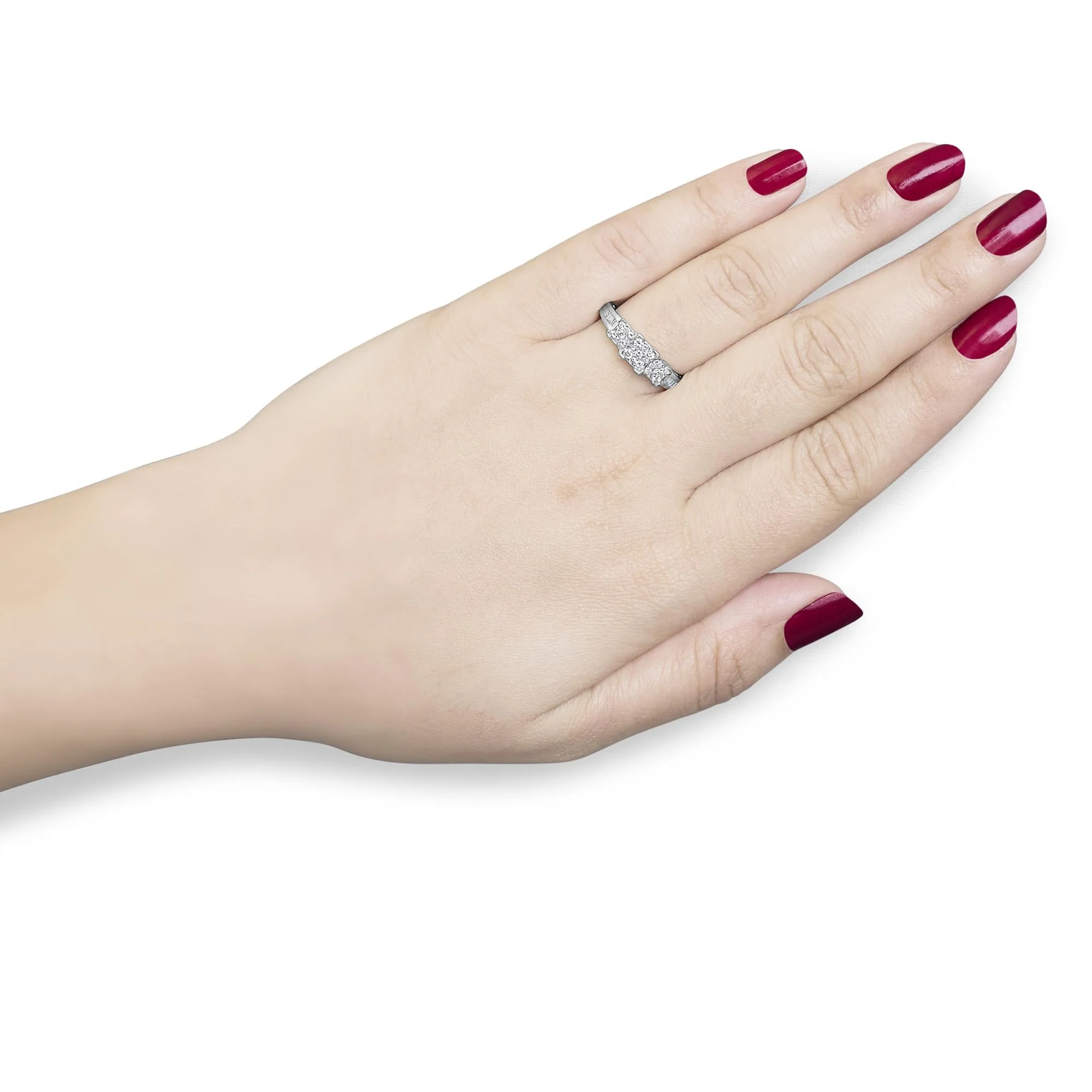 10K White Gold 1/2 Cttw Brilliant & Baguette Cut Diamond 3 Stone Design with 3 Square Clusters Engagement Ring (H-I Color, SI2-I1 Clarity) - Image 3