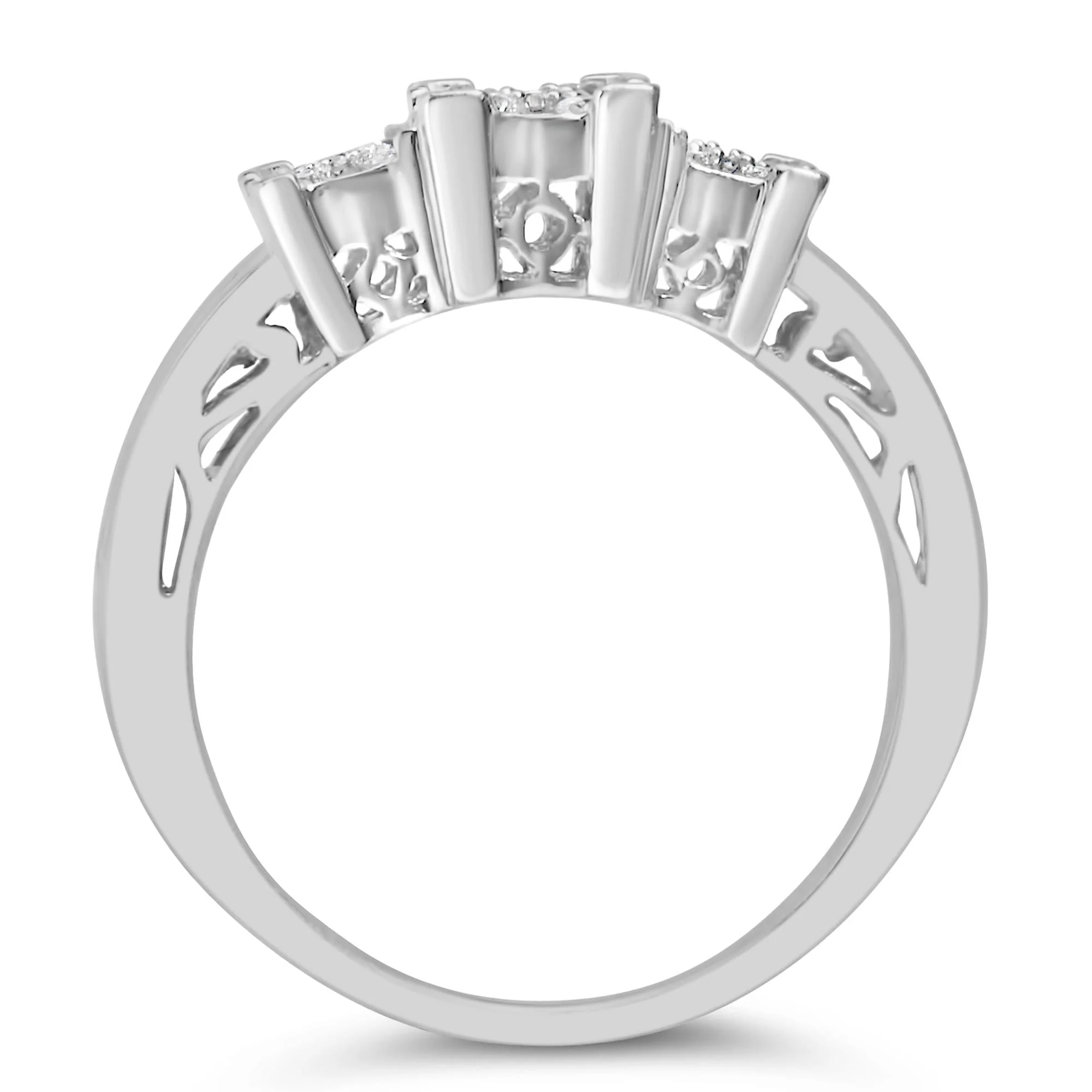 10K White Gold 1/2 Cttw Brilliant & Baguette Cut Diamond 3 Stone Design with 3 Square Clusters Engagement Ring (H-I Color, SI2-I1 Clarity) - Image 6
