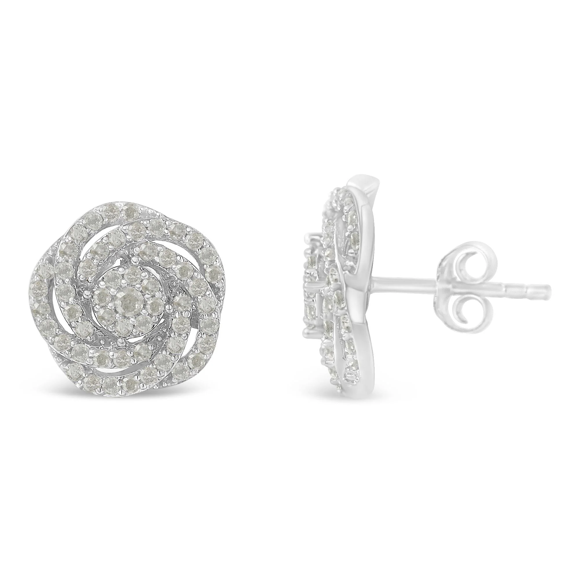 10k White Gold Rose-Cut Diamond Floral Cluster Earrings (1 cttw, I-J Color, I2-I3 Clarity) - Image 2