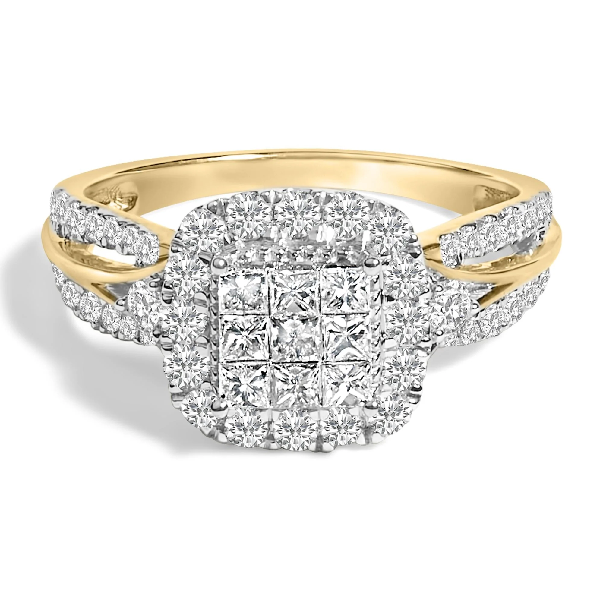 10K Yellow Gold 1.0 Cttw Diamond Composite Cushion-Shape Halo 3-Band-Look Engagement Ring (H-I Color, SI1-SI2 Clarity)