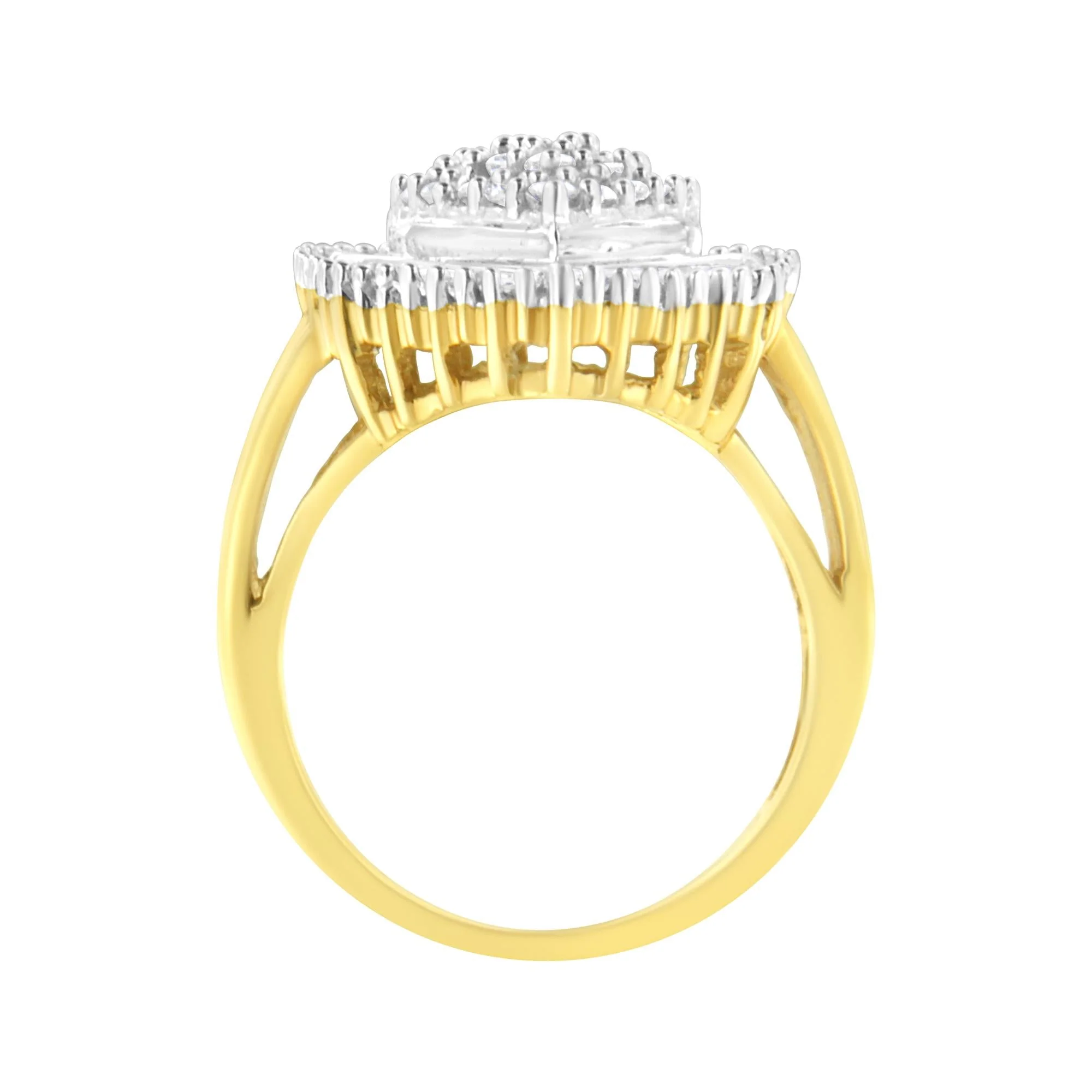 10K Yellow Gold 1.0 Cttw Round and Baguette Cut Diamond Oval Shaped Cluster Ring (I-J Color, I1-I2 Clarity) - Image 2
