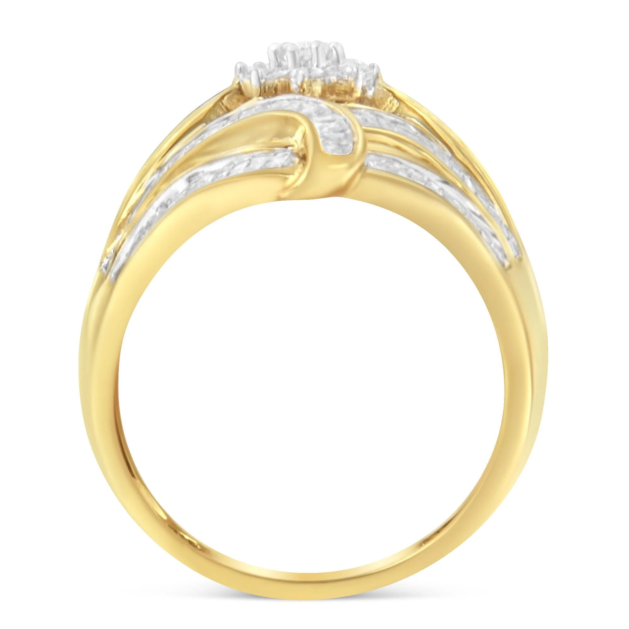 10K Yellow Gold Flashed .925 Sterling Silver 1-1/8 Cttw Round & Baguette Diamond 'Flower & Fern' Cluster Cocktail Fashion Ring (I-J Color, I2-I3 Clarity) - Image 2