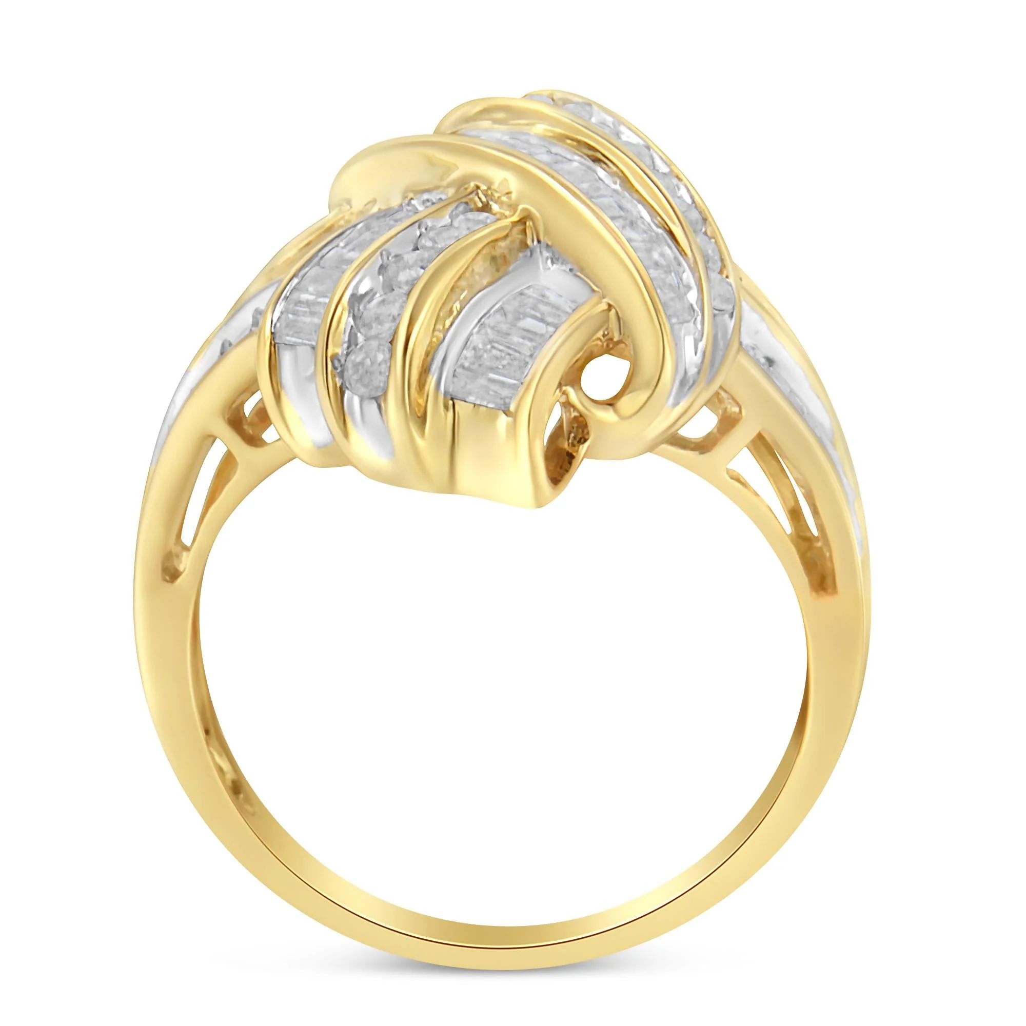 10K Yellow Gold Plated .925 Sterling Silver 1.0 Cttw Round & Baguette Diamond Knot Channel Statement Ring (I-J Color, I2-I3 Clarity) - Image 2