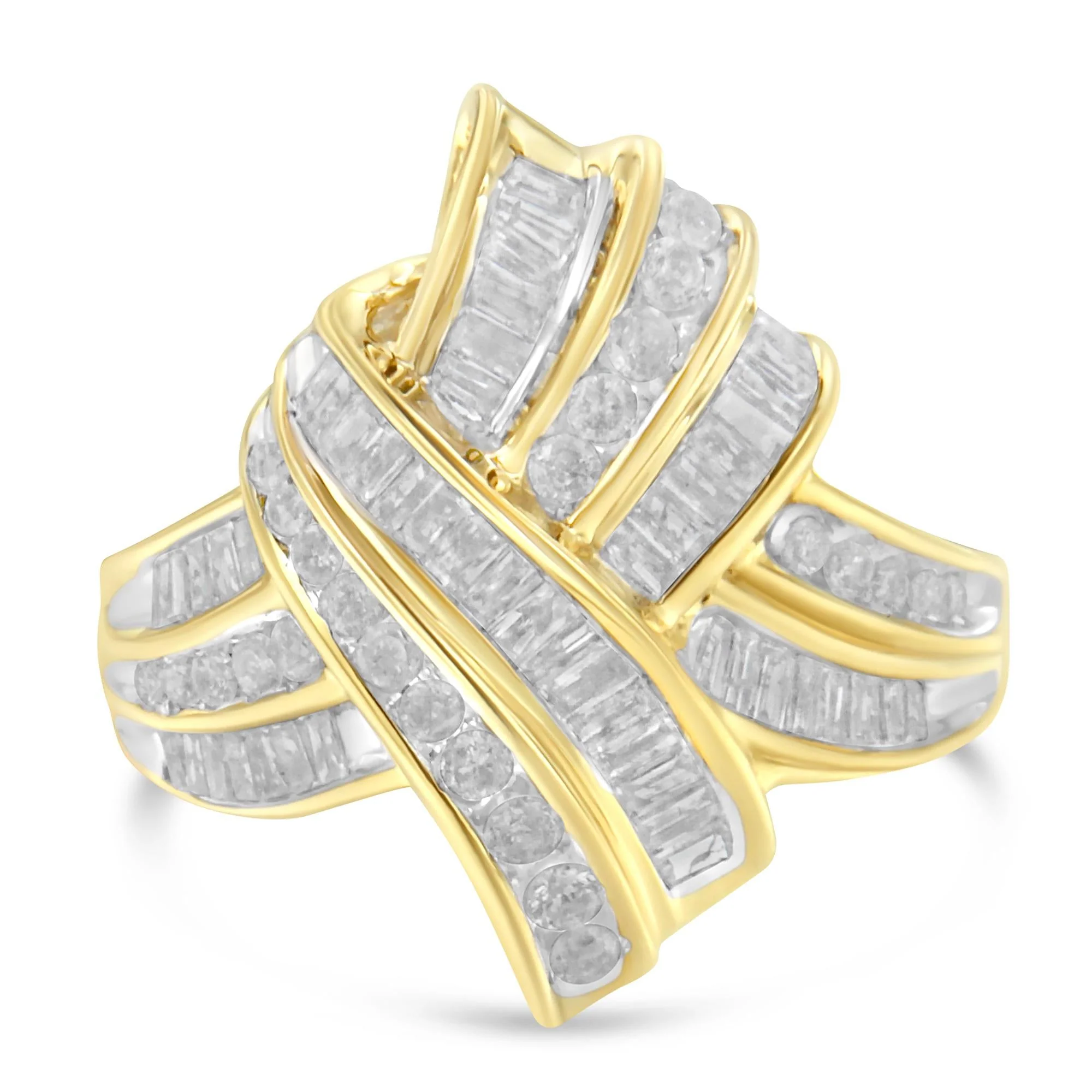 10K Yellow Gold Plated .925 Sterling Silver 1.0 Cttw Round & Baguette Diamond Knot Channel Statement Ring (I-J Color, I2-I3 Clarity) - Image 4