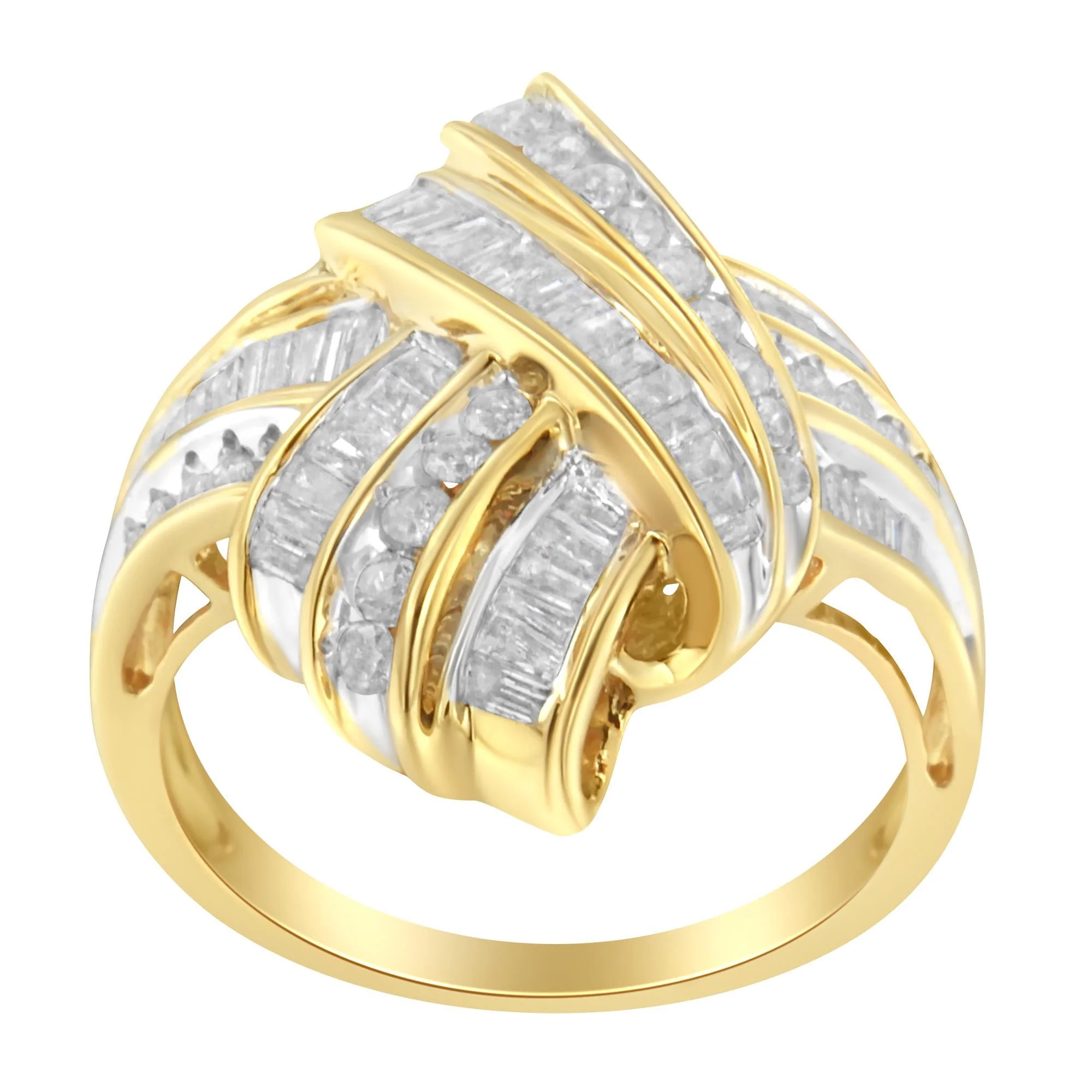 10K Yellow Gold Plated .925 Sterling Silver 1.0 Cttw Round & Baguette Diamond Knot Channel Statement Ring (I-J Color, I2-I3 Clarity) - Image 5