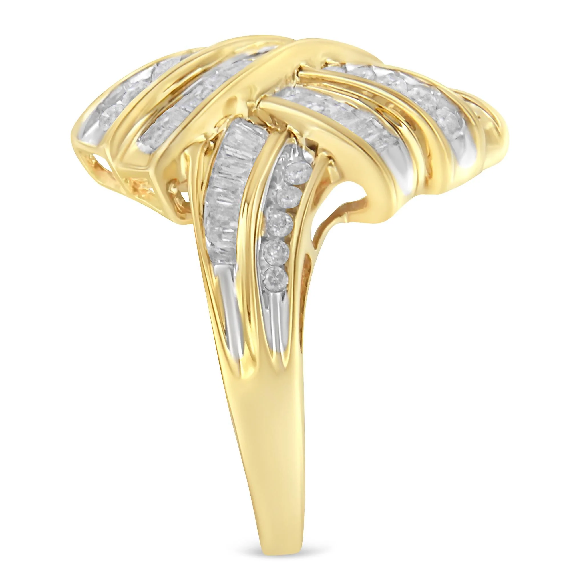 10K Yellow Gold Plated .925 Sterling Silver 1.0 Cttw Round & Baguette Diamond Knot Channel Statement Ring (I-J Color, I2-I3 Clarity) - Image 6