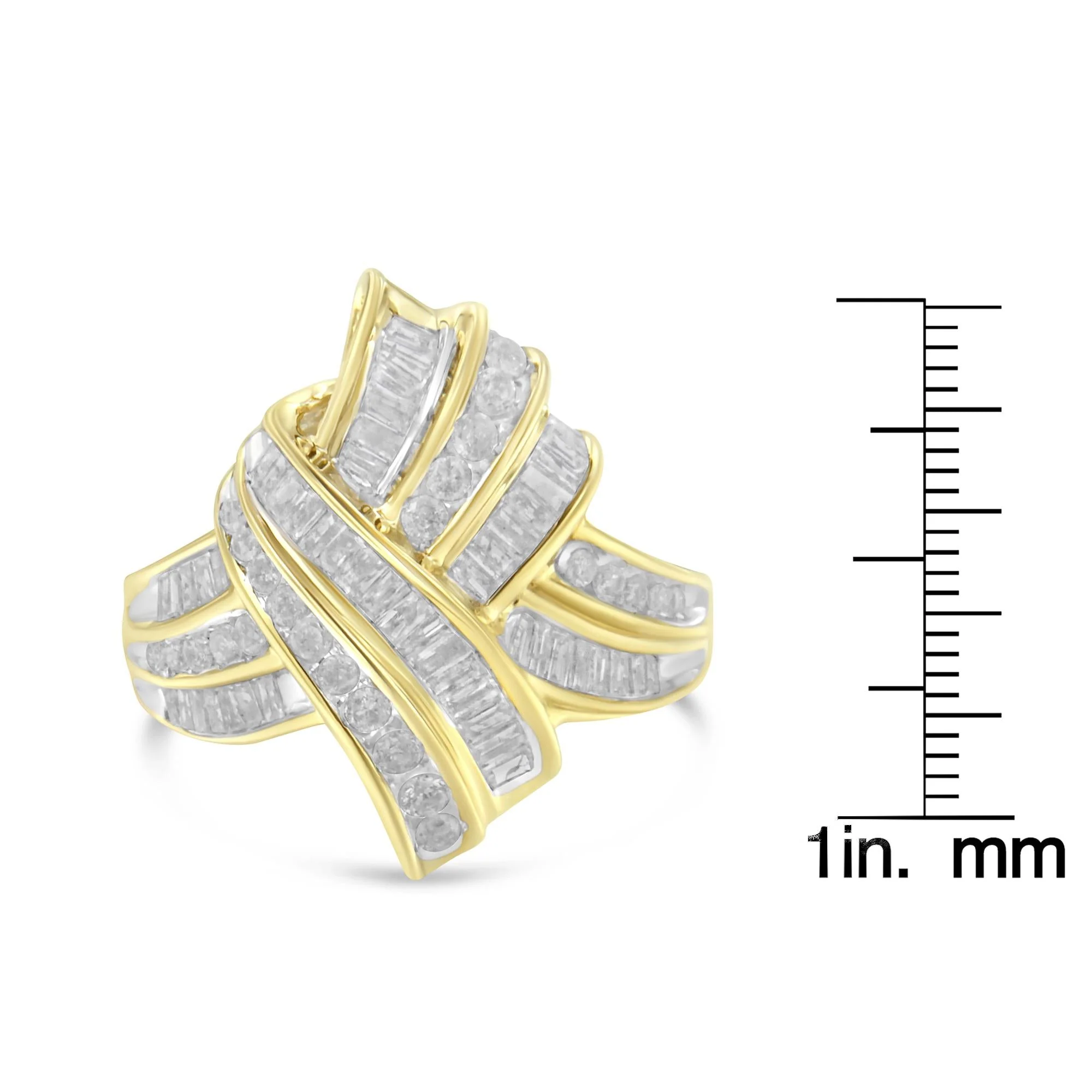 10K Yellow Gold Plated .925 Sterling Silver 1.0 Cttw Round & Baguette Diamond Knot Channel Statement Ring (I-J Color, I2-I3 Clarity) - Image 7