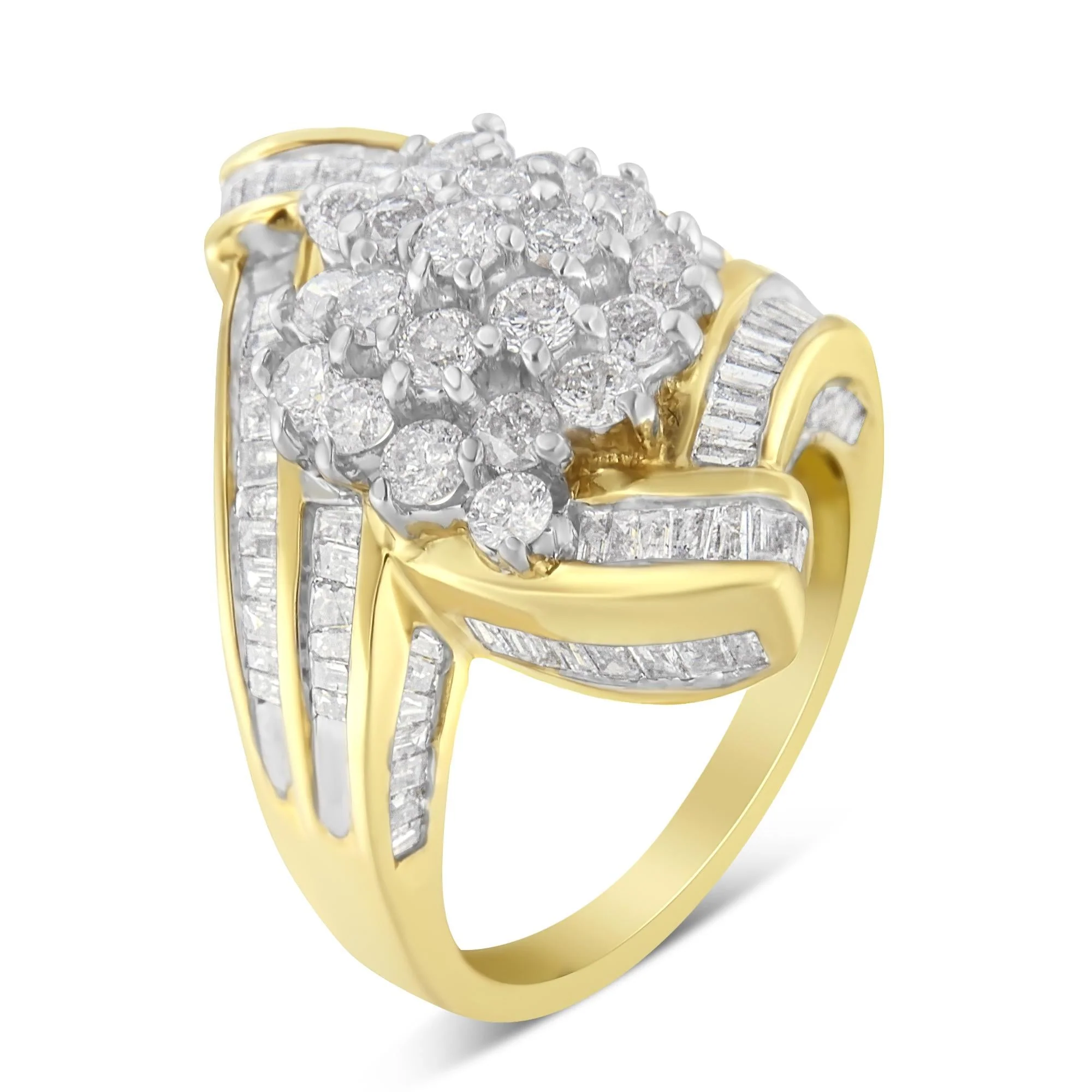 10K Yellow Gold Round and Baguette Diamond Crossover Cluster Ring (3 Cttw, I-J Color, I1-I2 Clarity) - Image 5