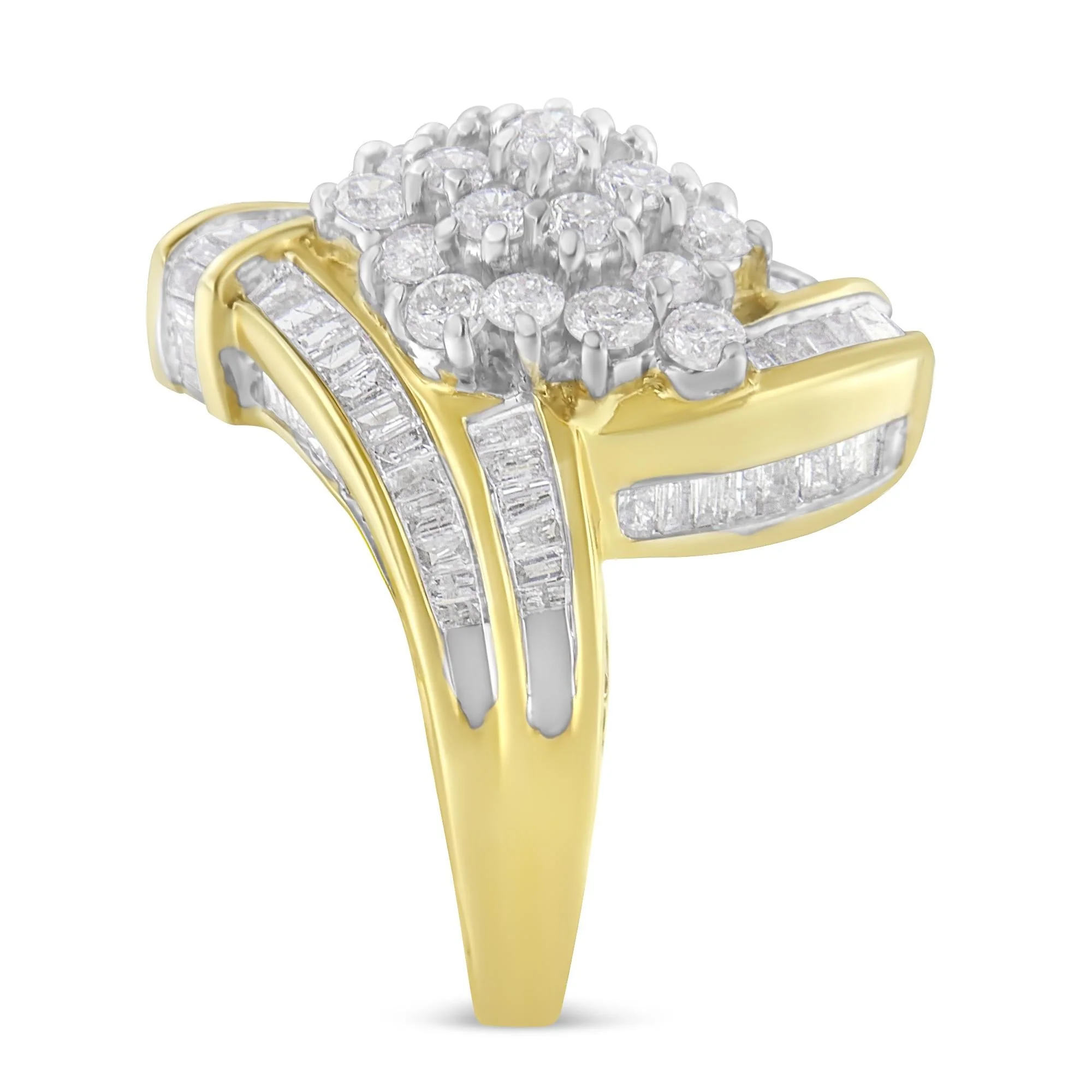 10K Yellow Gold Round and Baguette Diamond Crossover Cluster Ring (3 Cttw, I-J Color, I1-I2 Clarity) - Image 6