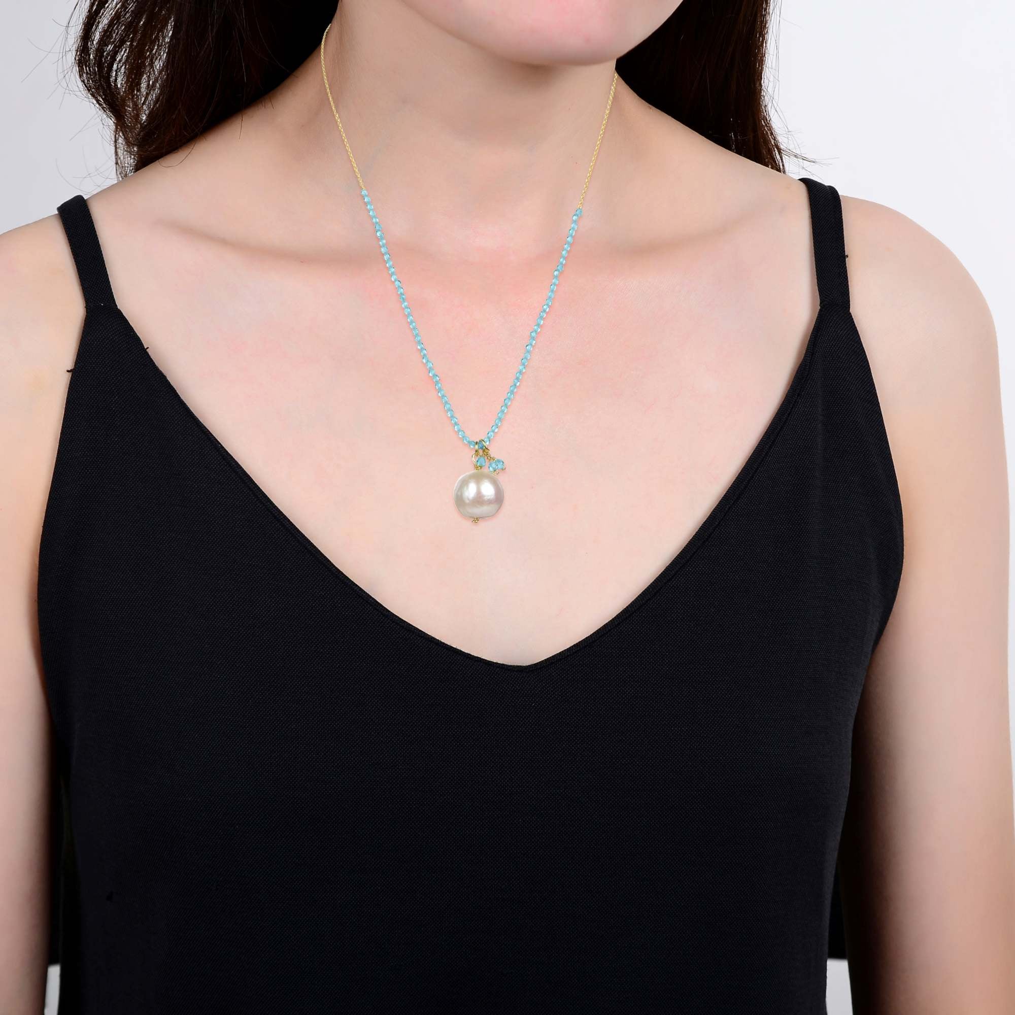 12MM Freshwater Pearl and Natural Aquamarine Necklace 18K Plated Sterling Silver - Image 3