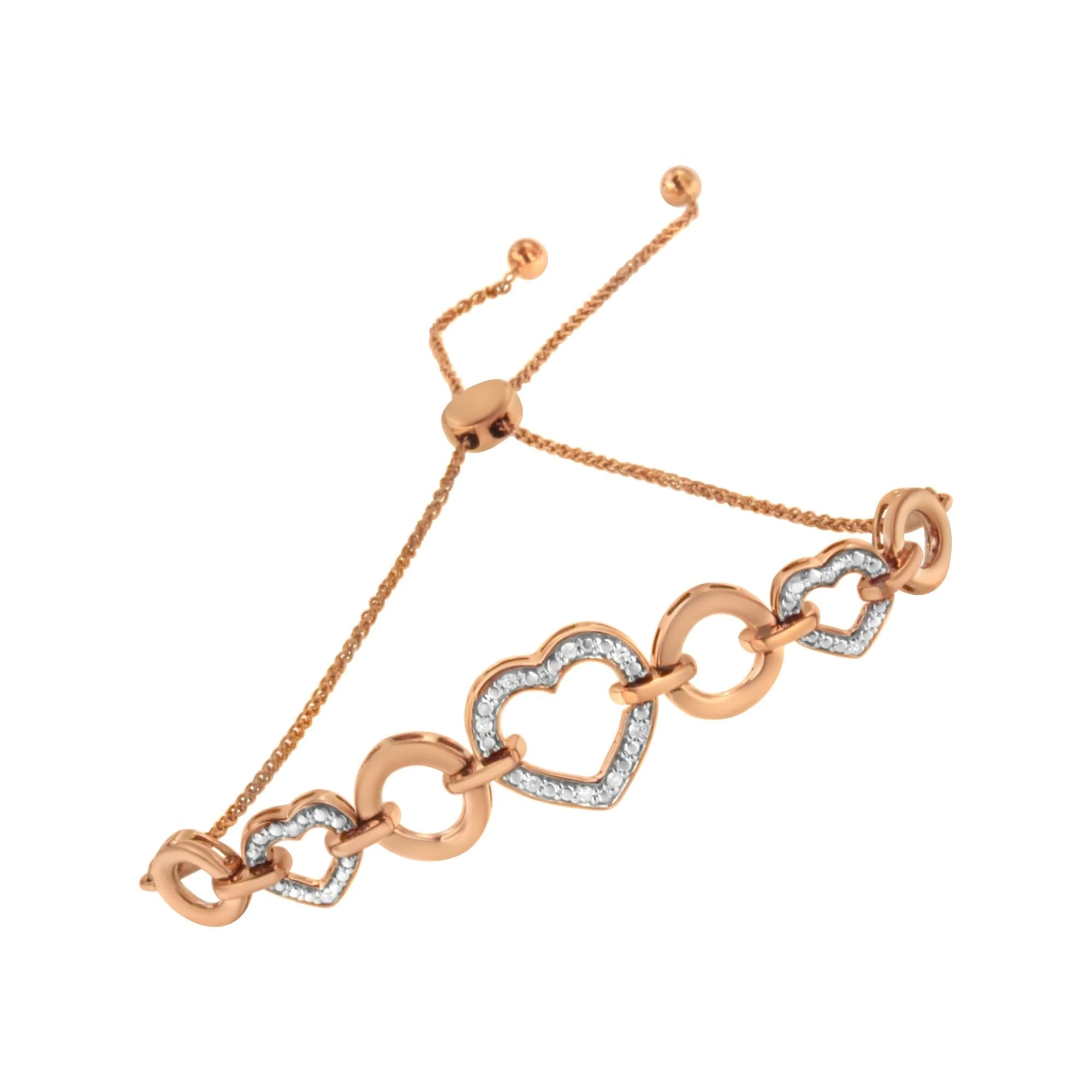 14K Rose Gold Plated .925 Sterling Silver Diamond Accent Circle and Heart Link Adjustable 6”-10” Bolo Bracelet (I-J Color, I3 Clarity) - Image 2