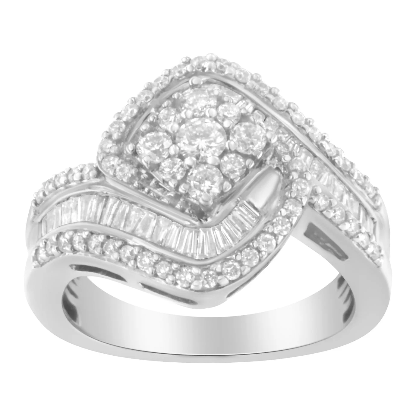 14K White Gold 1.0 Cttw Baguette & Brilliant-Cut Diamond Round Floral Cluster Engagement or Fashion Ring with Swirl Wrapped Triple Row Band (H-I Color, SI2-I1 Clarity) - Image 2