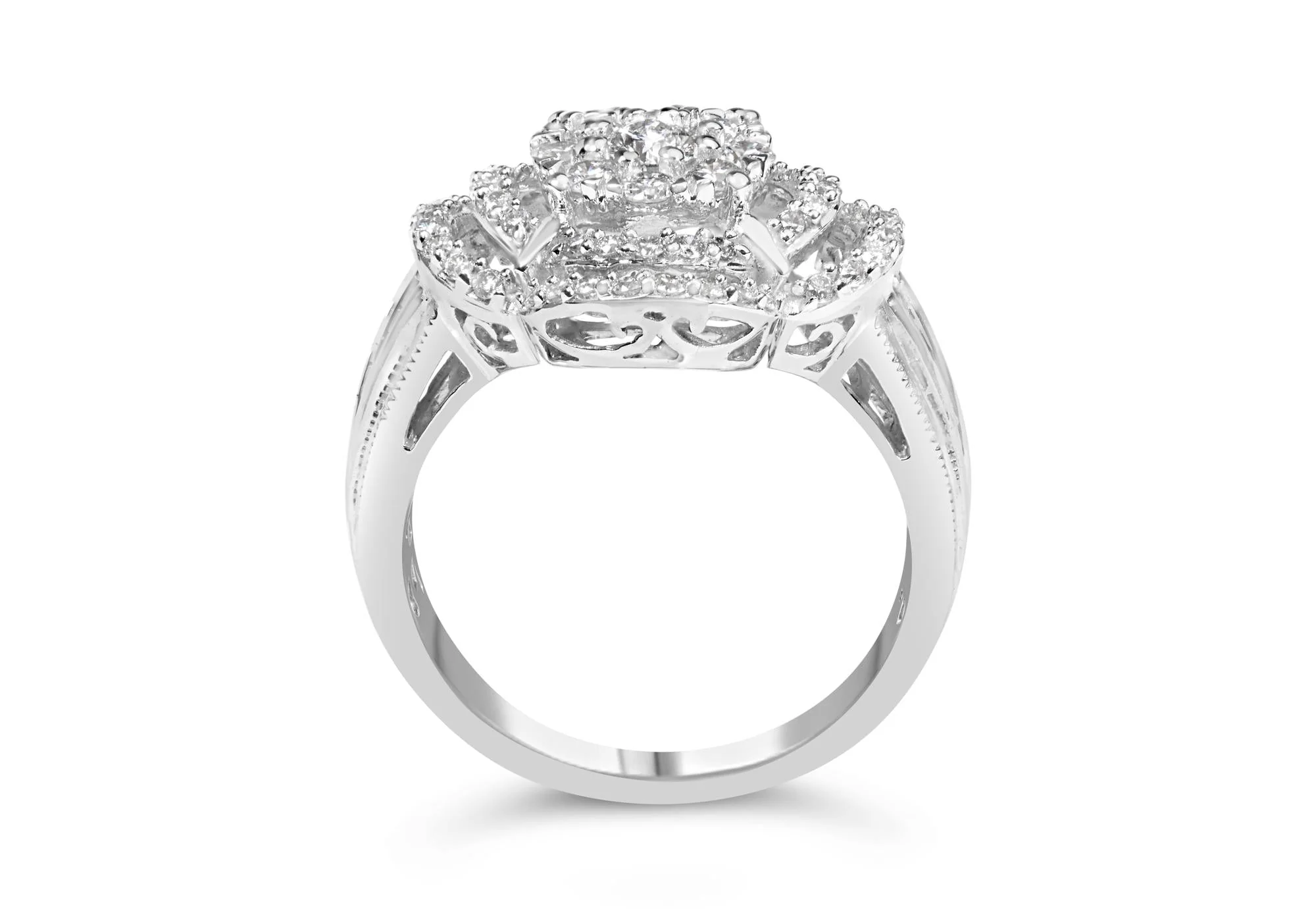 14K White Gold 1.0 Cttw Round & Baguette Cut Diamond Floral Cluster Quatrefoil Channel Set Band Cocktail Statement Ring (H-I Color, SI2-I1 Clarity) - Image 2