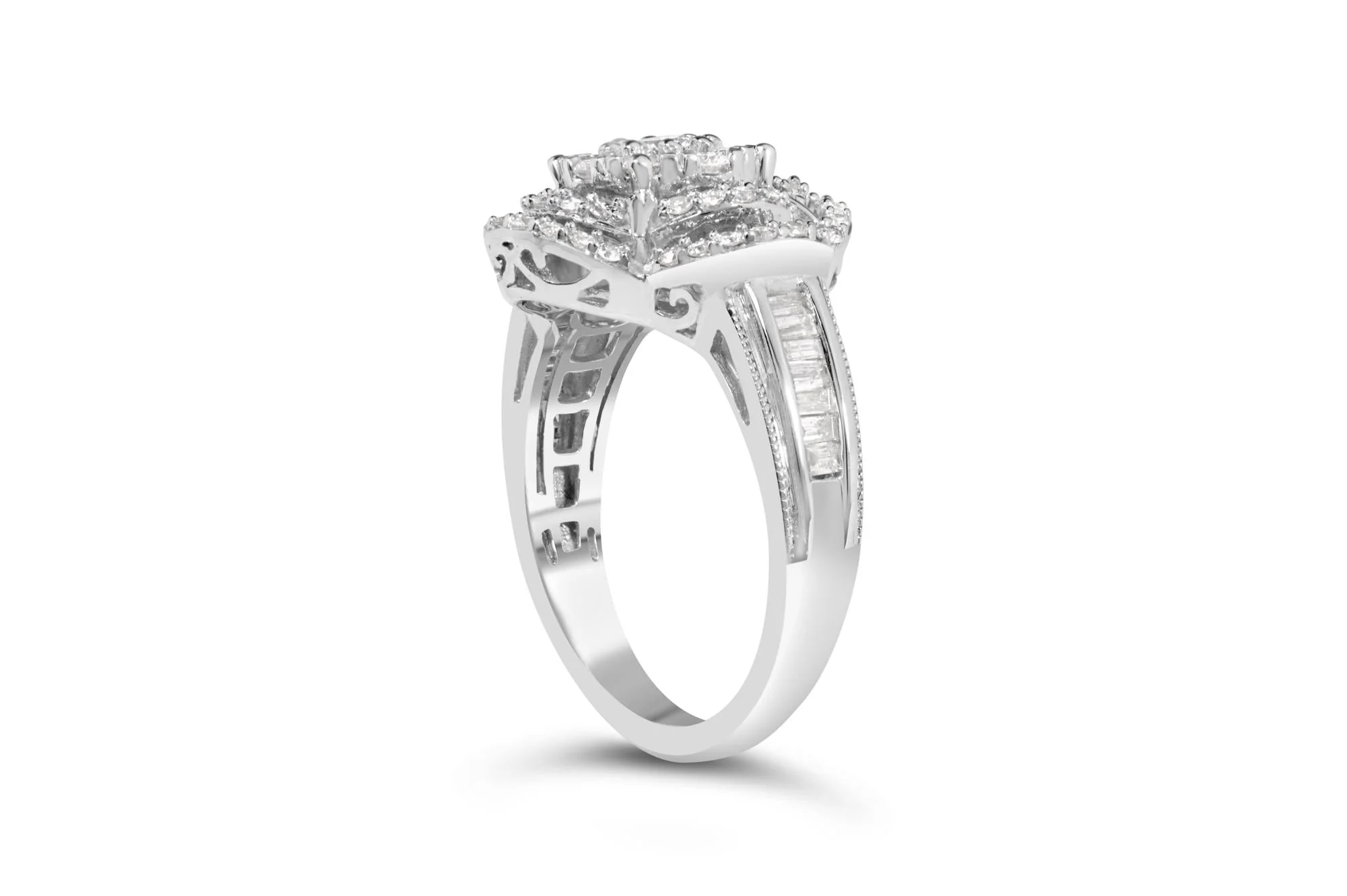 14K White Gold 1.0 Cttw Round & Baguette Cut Diamond Floral Cluster Quatrefoil Channel Set Band Cocktail Statement Ring (H-I Color, SI2-I1 Clarity) - Image 4