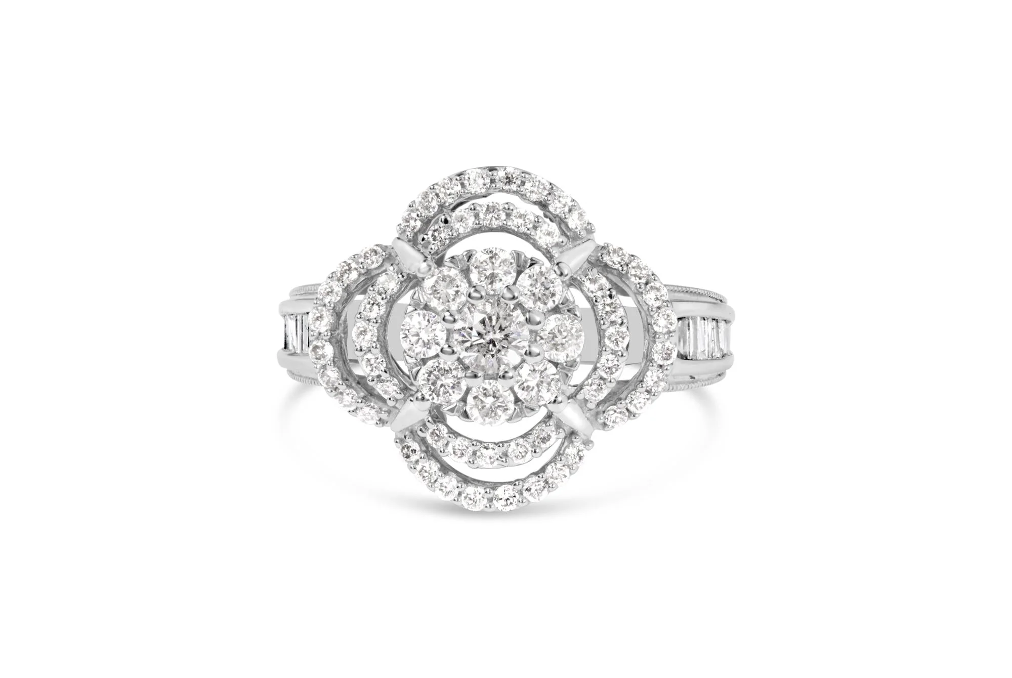 14K White Gold 1.0 Cttw Round & Baguette Cut Diamond Floral Cluster Quatrefoil Channel Set Band Cocktail Statement Ring (H-I Color, SI2-I1 Clarity) - Image 5