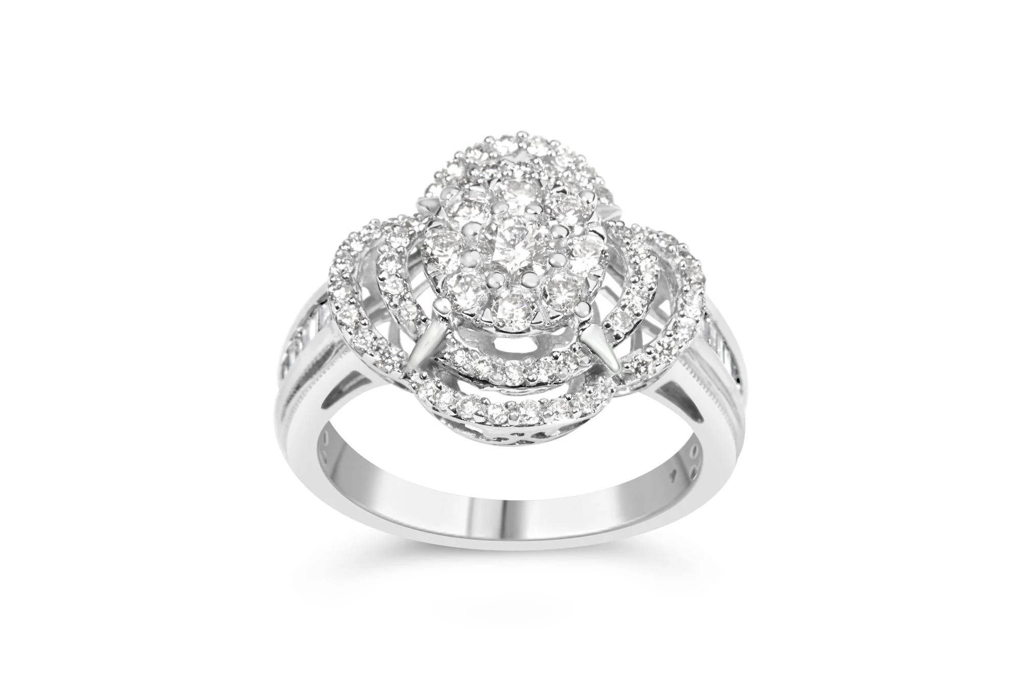 14K White Gold 1.0 Cttw Round & Baguette Cut Diamond Floral Cluster Quatrefoil Channel Set Band Cocktail Statement Ring (H-I Color, SI2-I1 Clarity) - Image 6