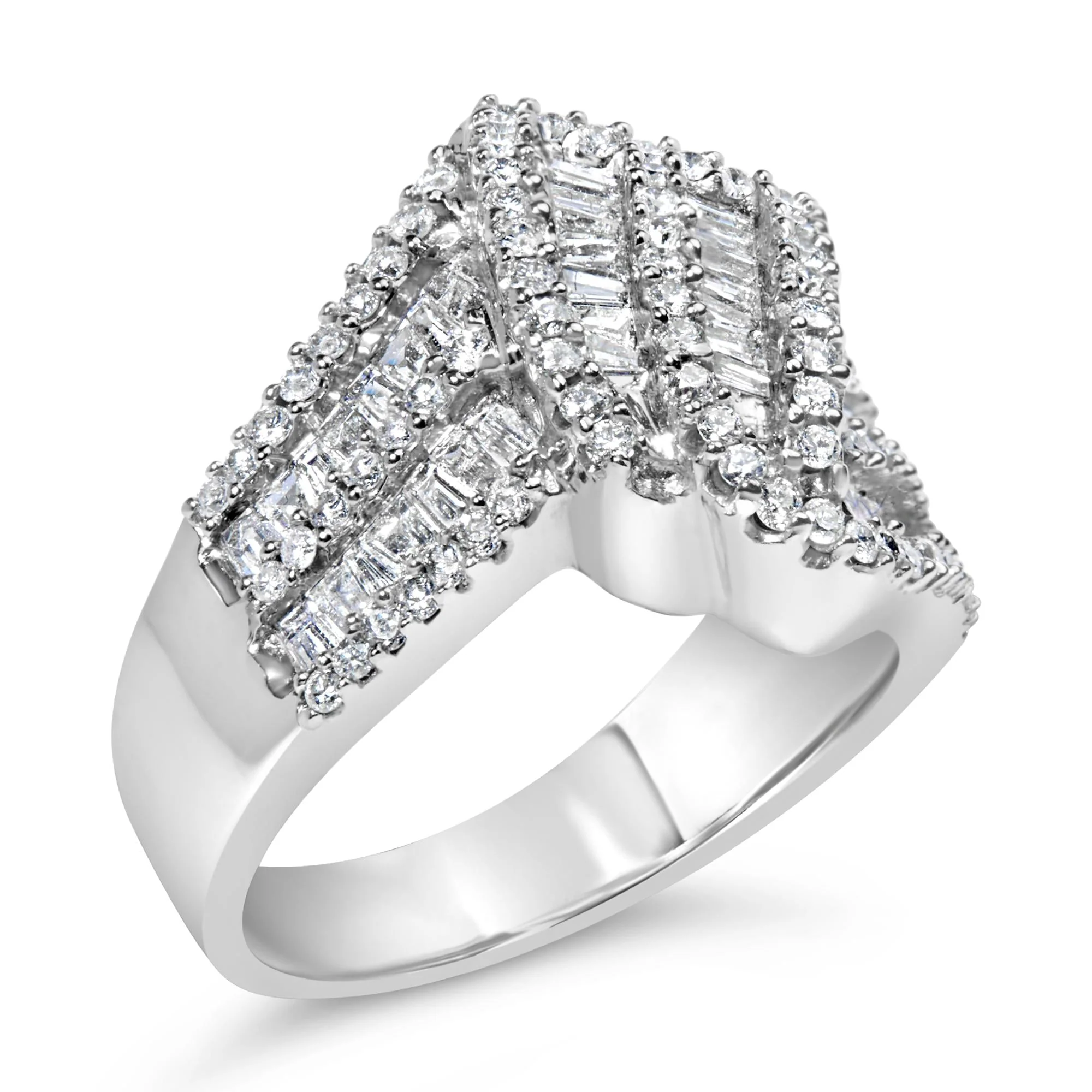14K White Gold 1-1/2 Cttw Round and Baguette Diamond Bypass Cocktail Ring Band (H-I Color, SI1-SI2 Clarity) - Image 4