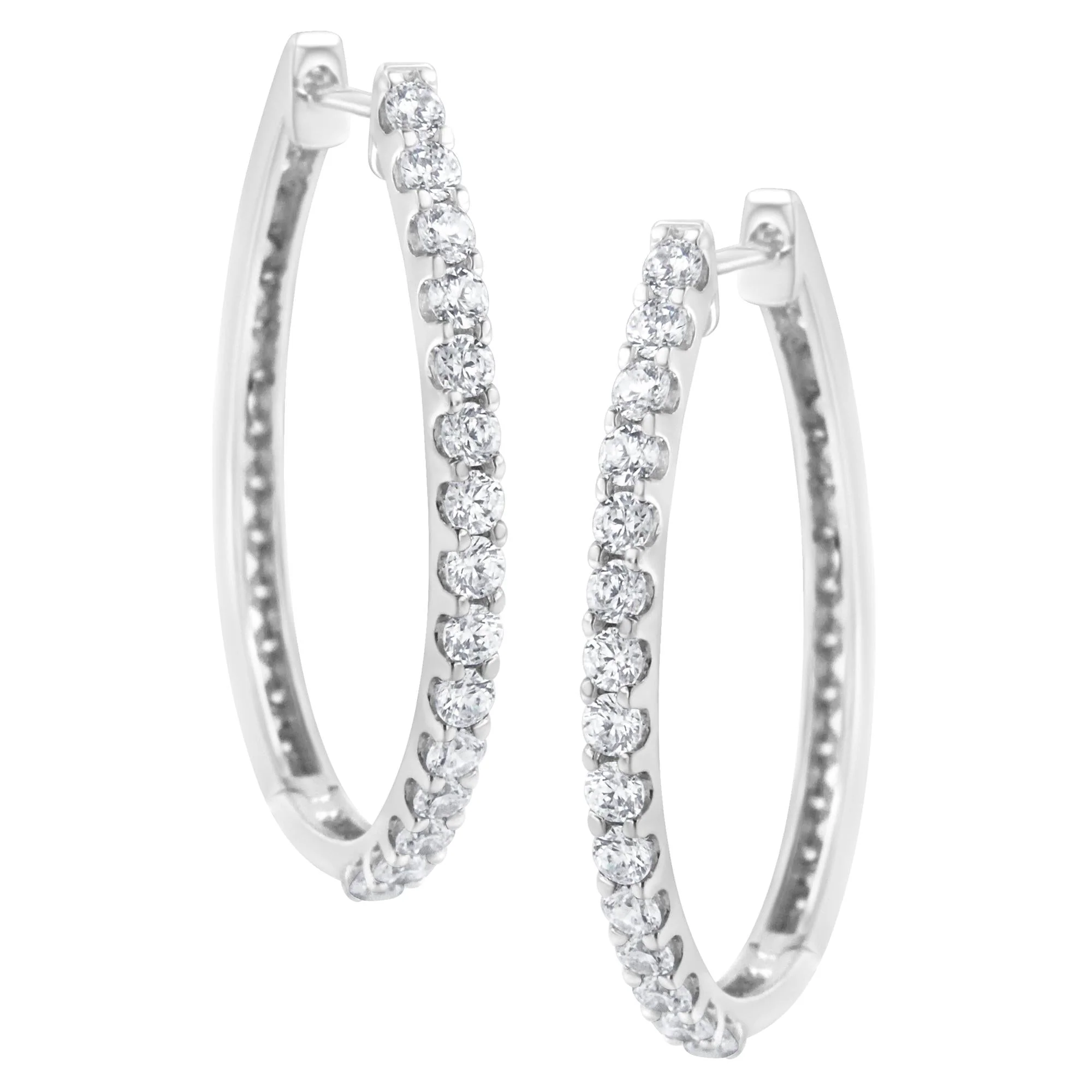 14K White Gold 2.0 Cttw Round Brilliant Cut Diamond Oblong Hinged Leverback Hoop Earrings (I-J Color, I1-I2 Clarity) - Image 4