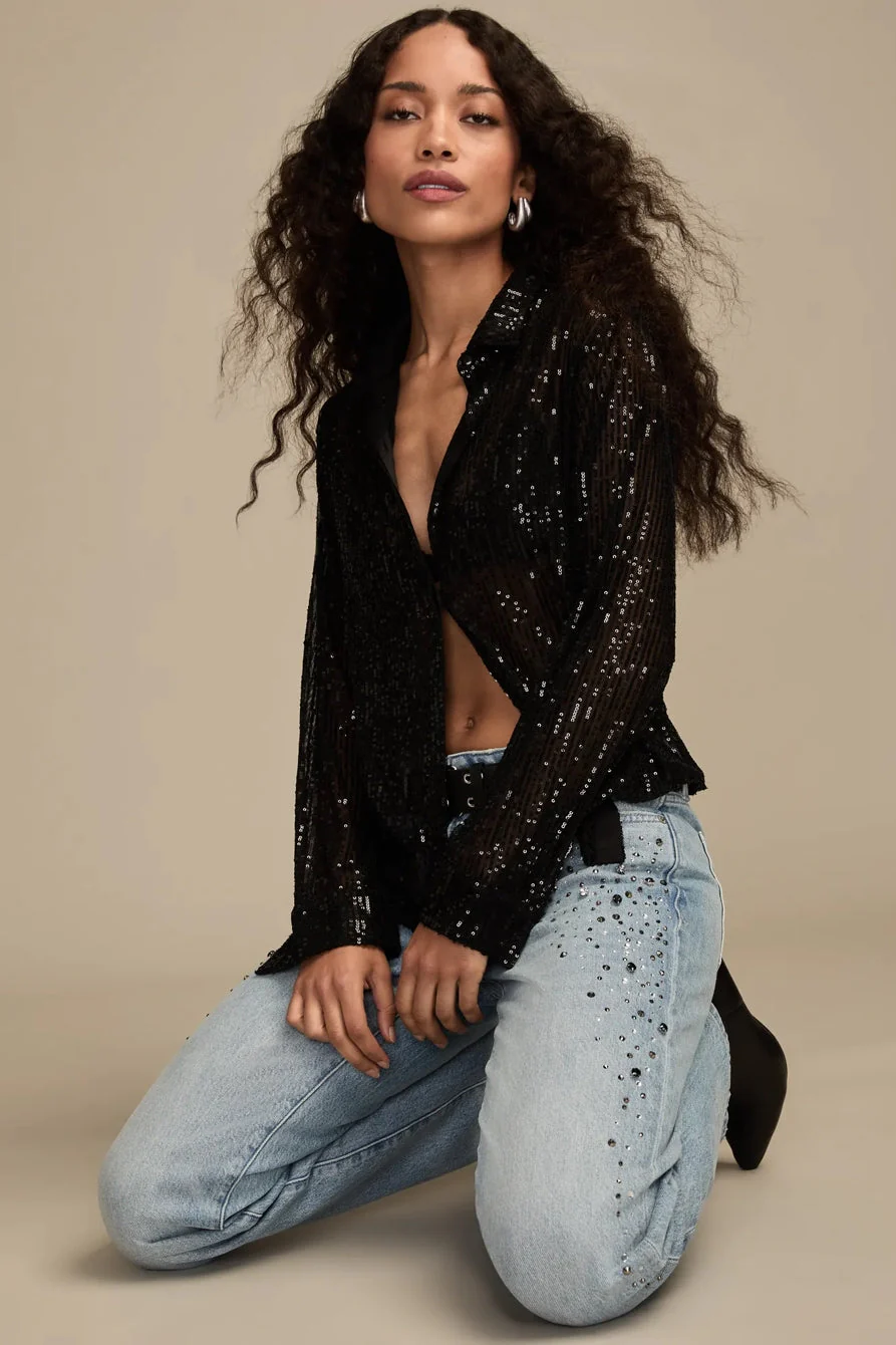 Lucky Brand Women's Sequin Buttondown Shirt - Caviar - Image 6