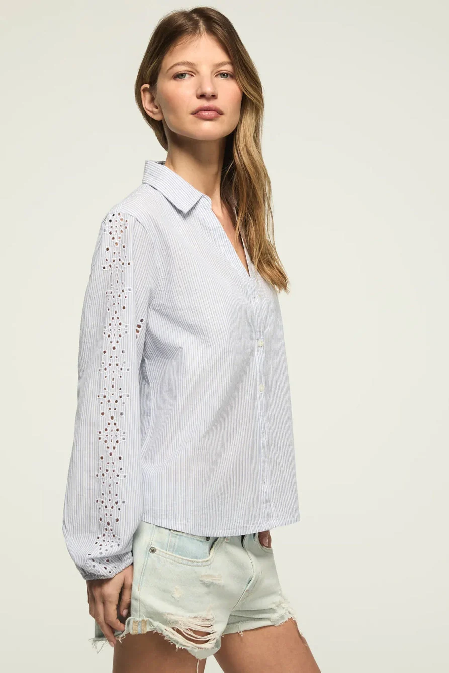 Lucky Brand Women's Cutwork Long Sleeve Button Down - Blue Stripe - Image 5