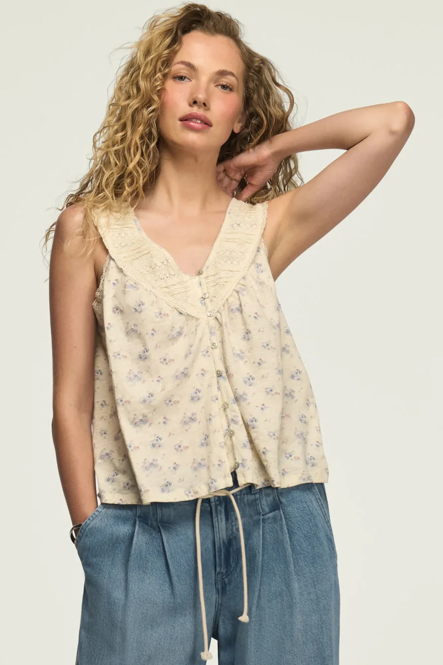 Lucky Brand Women's Lace Yoke V Neck Top - Cream Floral