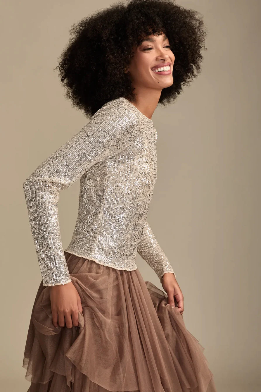 Lucky Brand Women's Sequin Long Sleeve Top - Champagne Sequin - Image 4