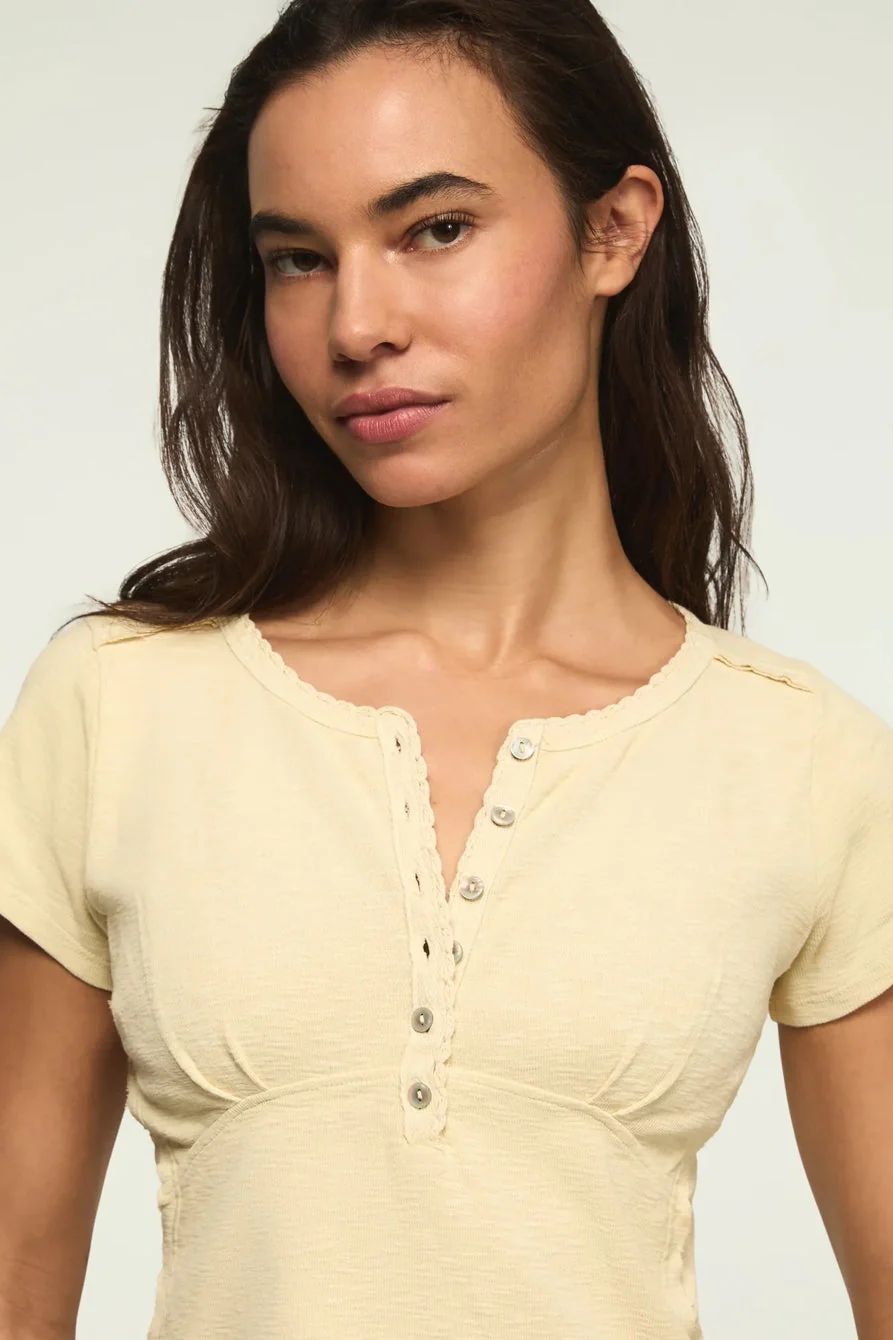 Lucky Brand Women's Crochet Trim Short Sleeve Henley - Lemon Icing - Image 2