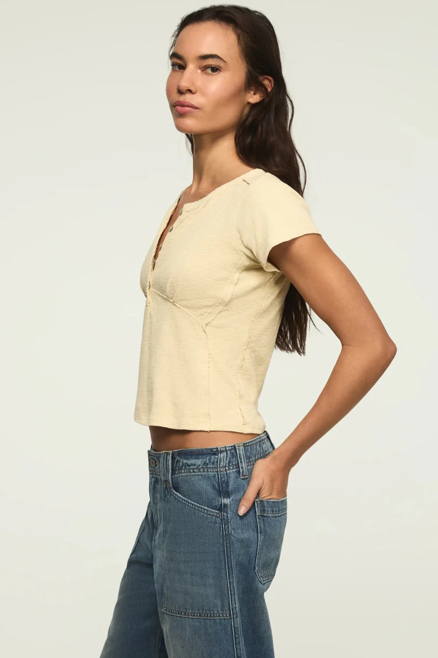 Lucky Brand Women's Crochet Trim Short Sleeve Henley - Lemon Icing - Image 4