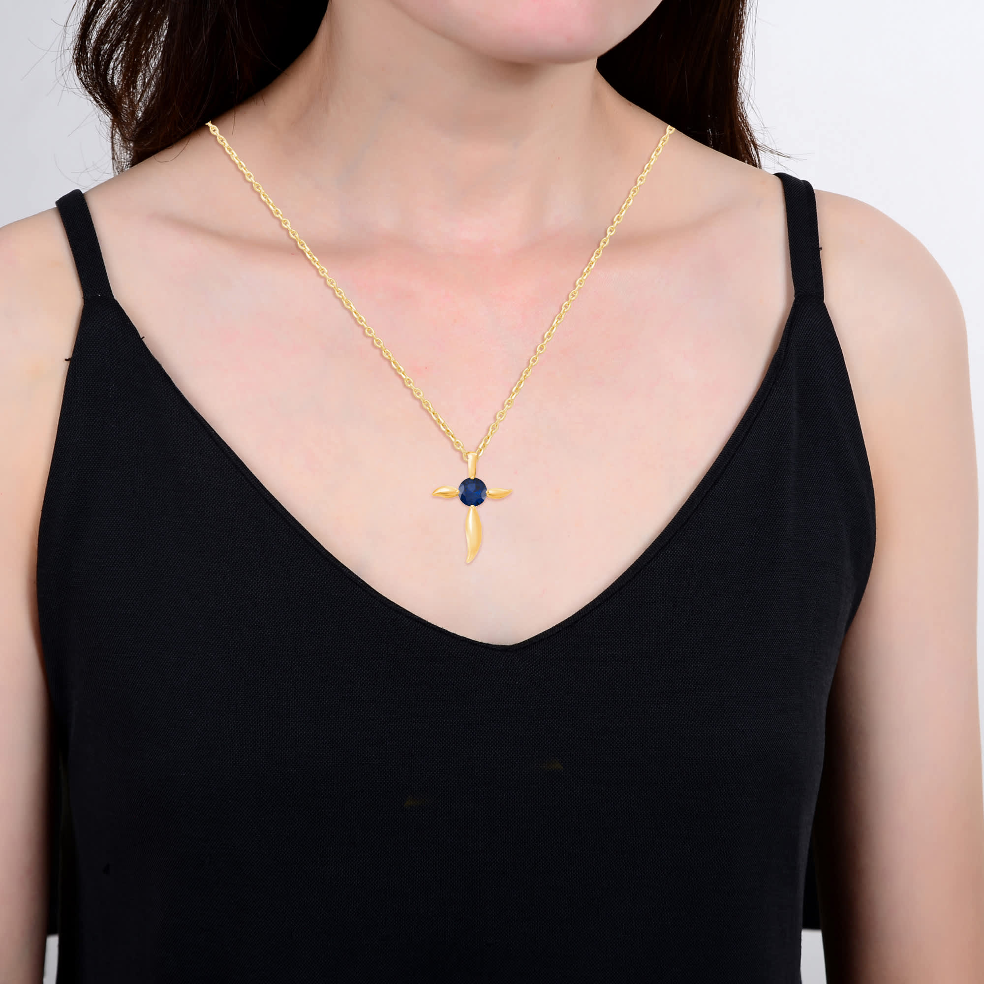18K Gold Plated Sterling Silver 1.0CT Blue Sapphire Solitaire Cross Pendant with 18" Chain - Image 4