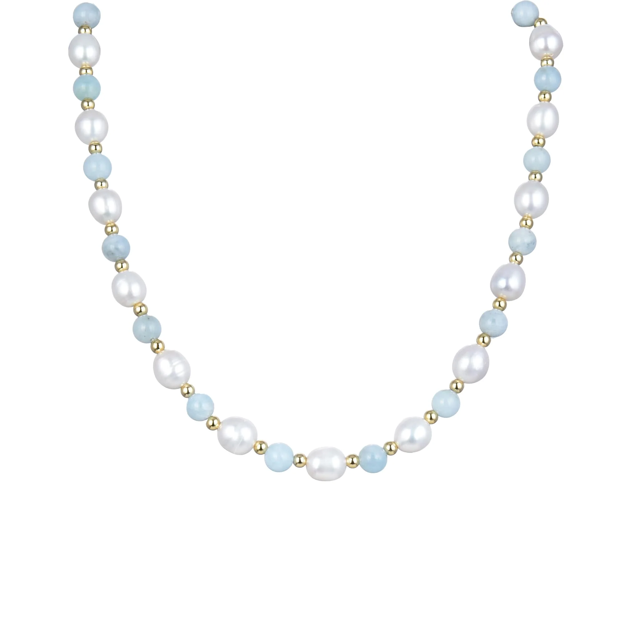 18K Plated Sterling Silver Natural Aquamarine, Pearl and Silver Beads Beaded Necklace - Image 2