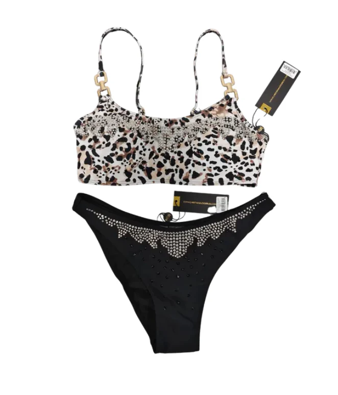 Christian Audigier 2 Piece Animal Print Crop Tank Style Top With High Cut Black Bikini Bottoms Ca-10162-Eden - Image 5