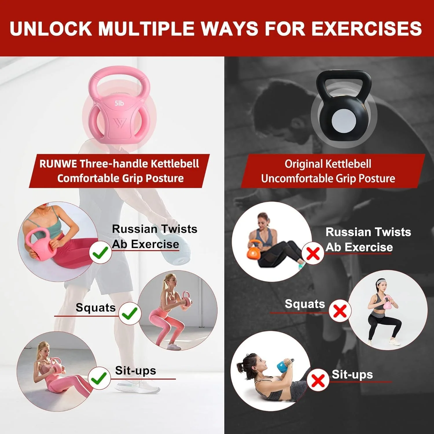 3 Handle Kettlebells Weight - Weight for Women Options 5, 10, 15 and 20 LB for Russian Twists AB Exercise, Weightlifting and Core Fitness Exercise Home Gym [Single in Sold] - Image 41