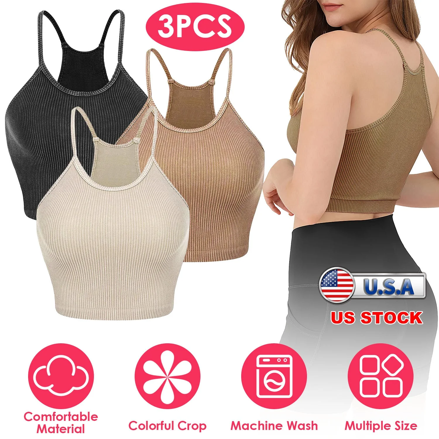 3 Pack Women Crop Basic Tank Top Ribbed Knit Sleeveless Round Neck 9 Color Machine Wash Summer Crop S to XL - Image 6