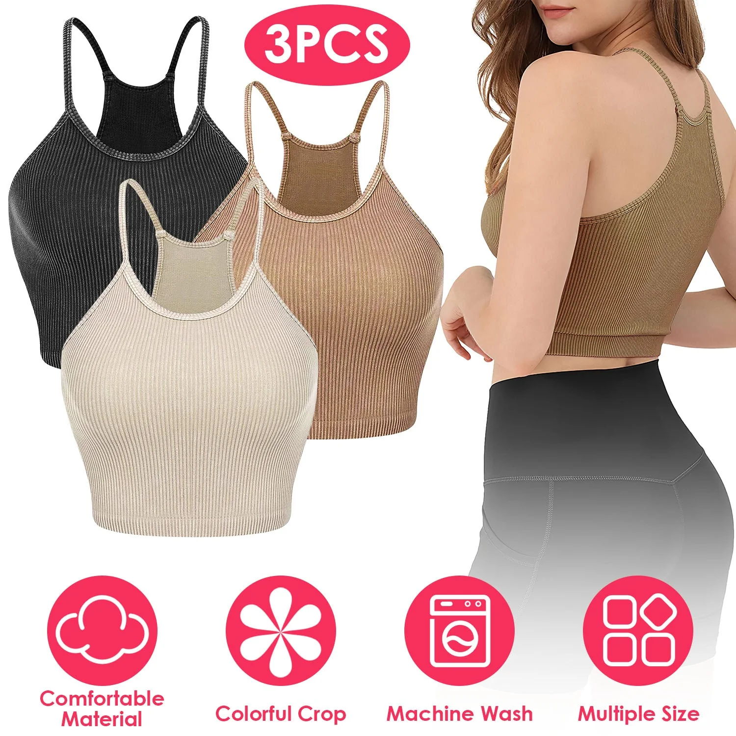 3 Pack Women Crop Basic Tank Top Ribbed Knit Sleeveless Round Neck 9 Color Machine Wash Summer Crop S to XL - Image 4