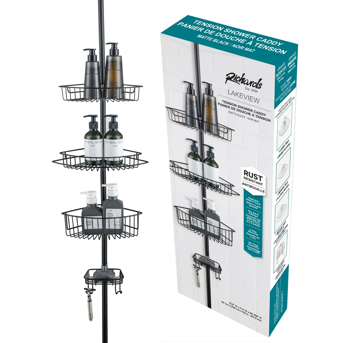 J&V Textiles 4 Tier Rustproof Shower Caddy Corner Organizer With Adjustable Shelves and Tension Pole - Image 13