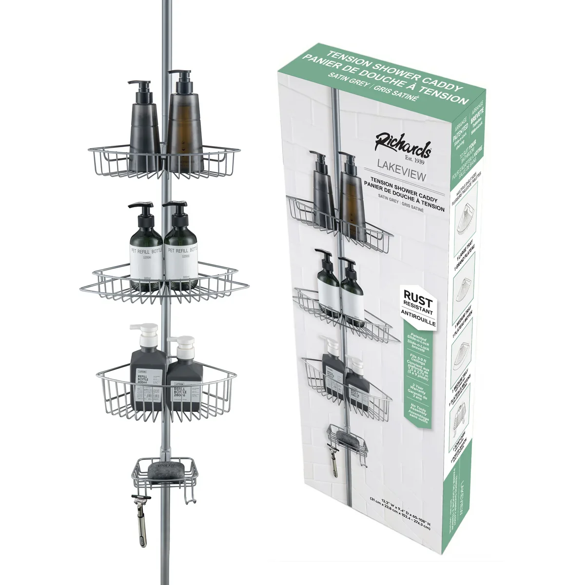 J&V Textiles 4 Tier Rustproof Shower Caddy Corner Organizer With Adjustable Shelves and Tension Pole - Image 2