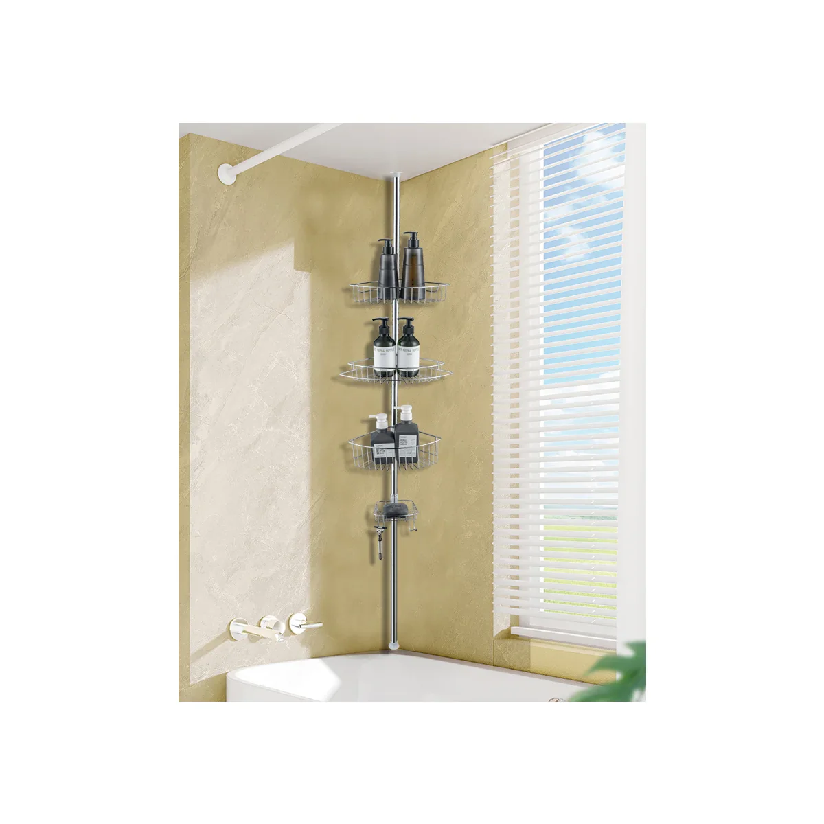 J&V Textiles 4 Tier Rustproof Shower Caddy Corner Organizer With Adjustable Shelves and Tension Pole - Image 8