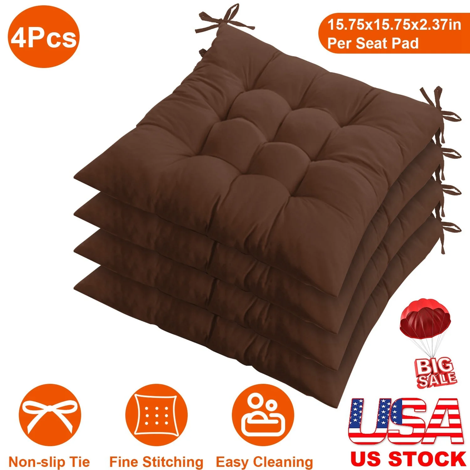 4Pcs Chair Cushion Pads Pillow 15.75x15.75x2.37in Soft Tie On Square Sitting Mats For Home Office Car Sitting Travel - Image 5