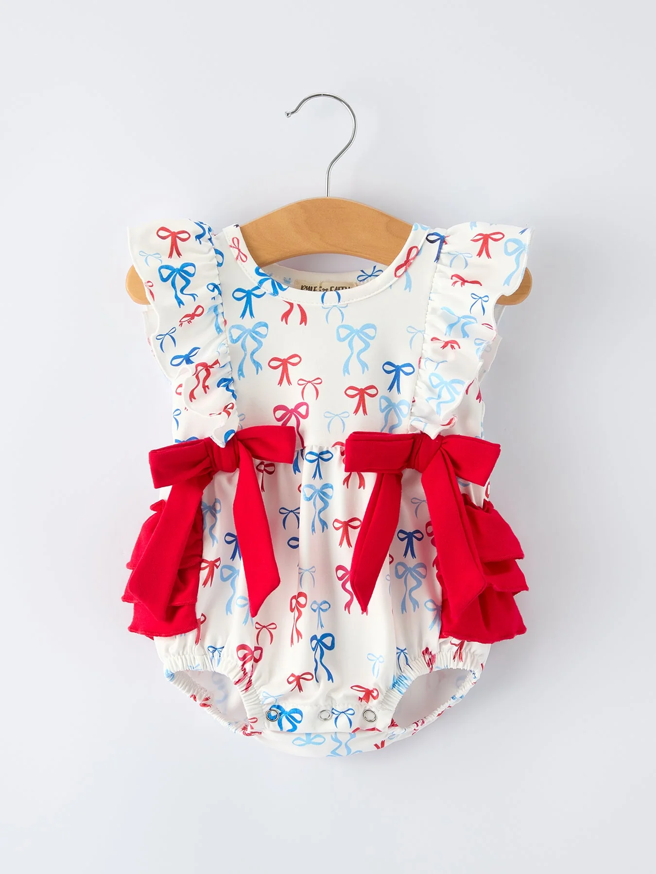 4th of july Bow Print Baby Girl Romper With Ruffle Details