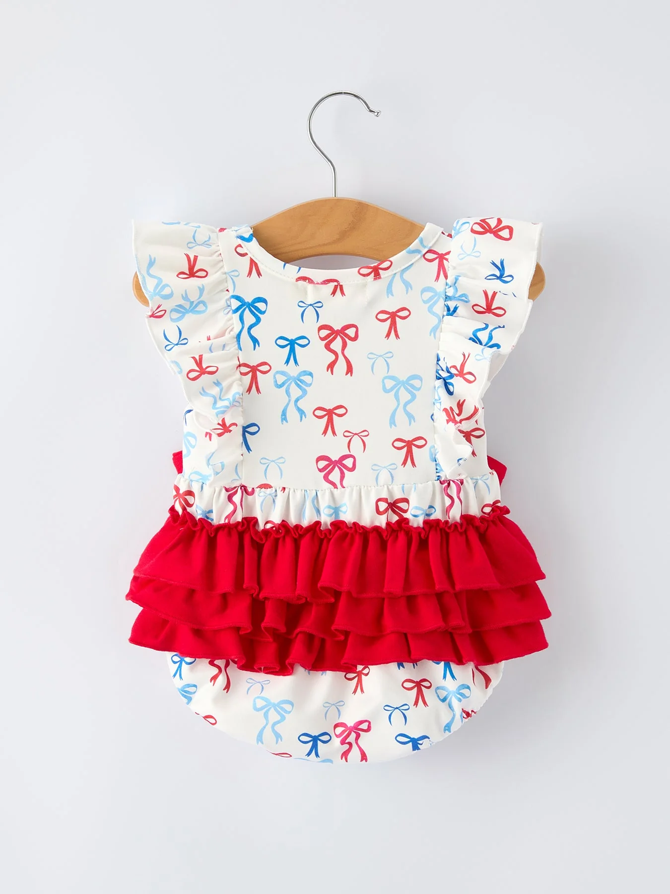 4th of july Bow Print Baby Girl Romper With Ruffle Details - Image 2
