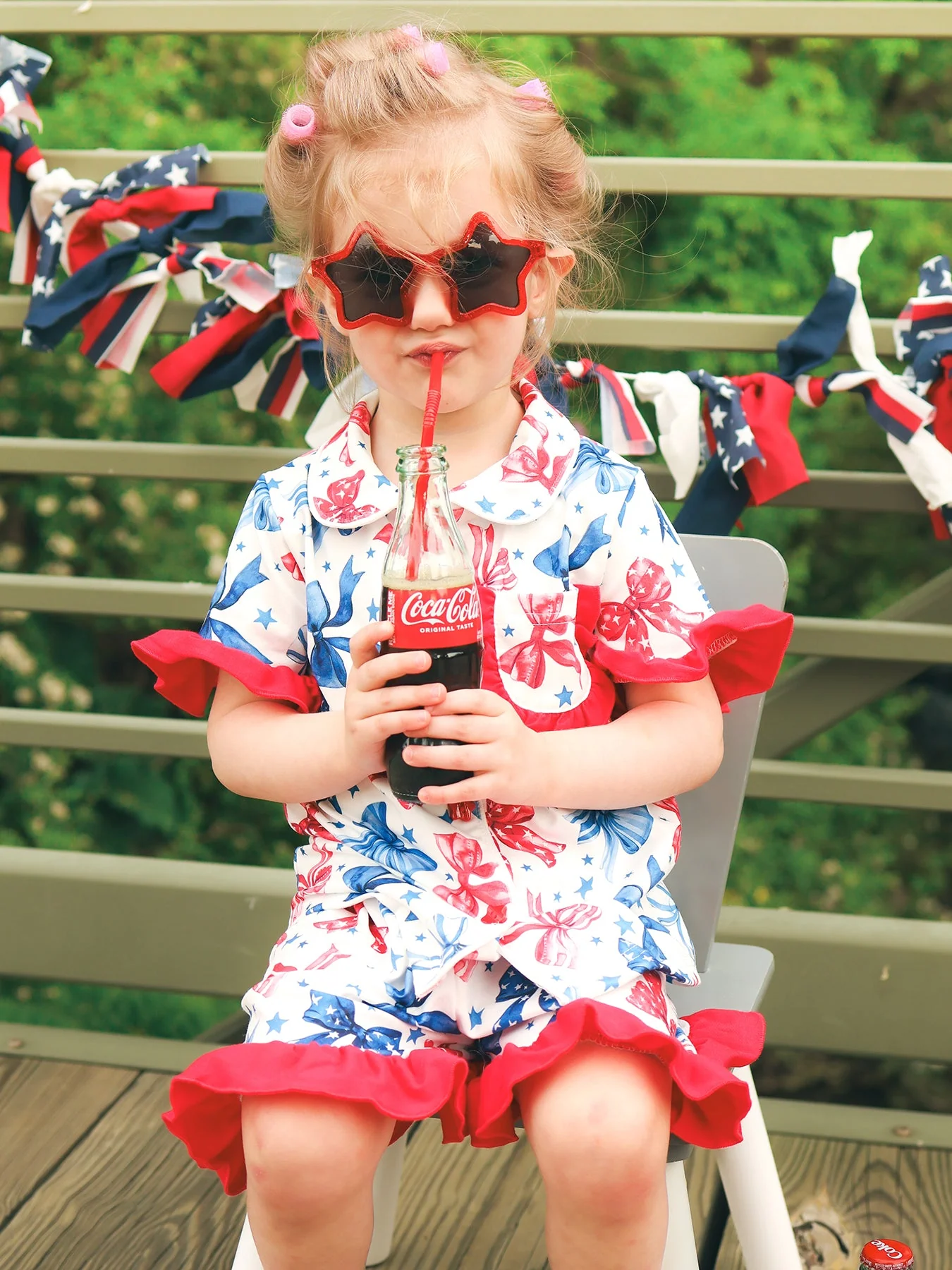 4th Of July Bow Star Girls Pajamas Set - Image 3