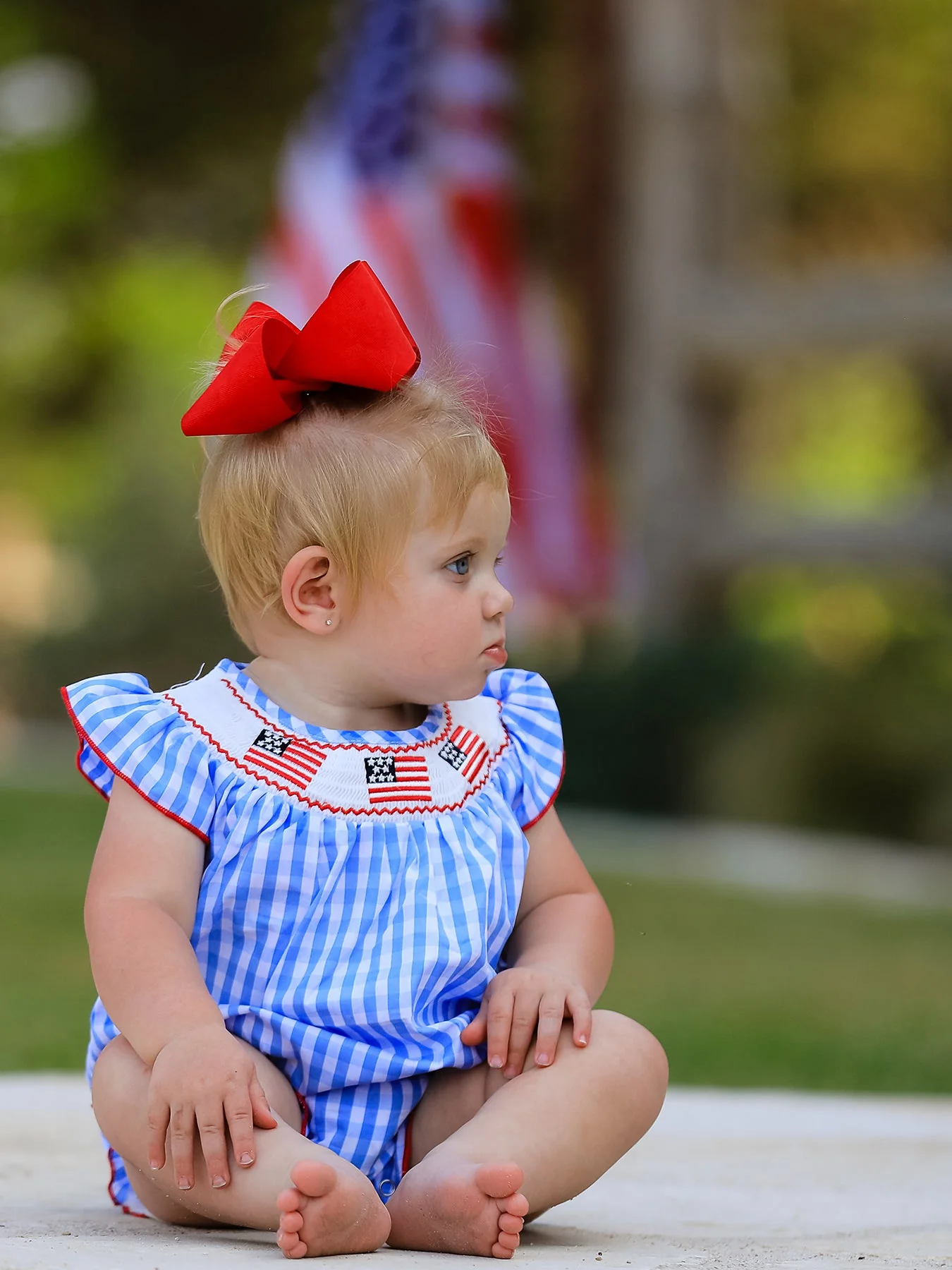 4th of july Flag Embroidery Smocking Girls Romper - Image 2