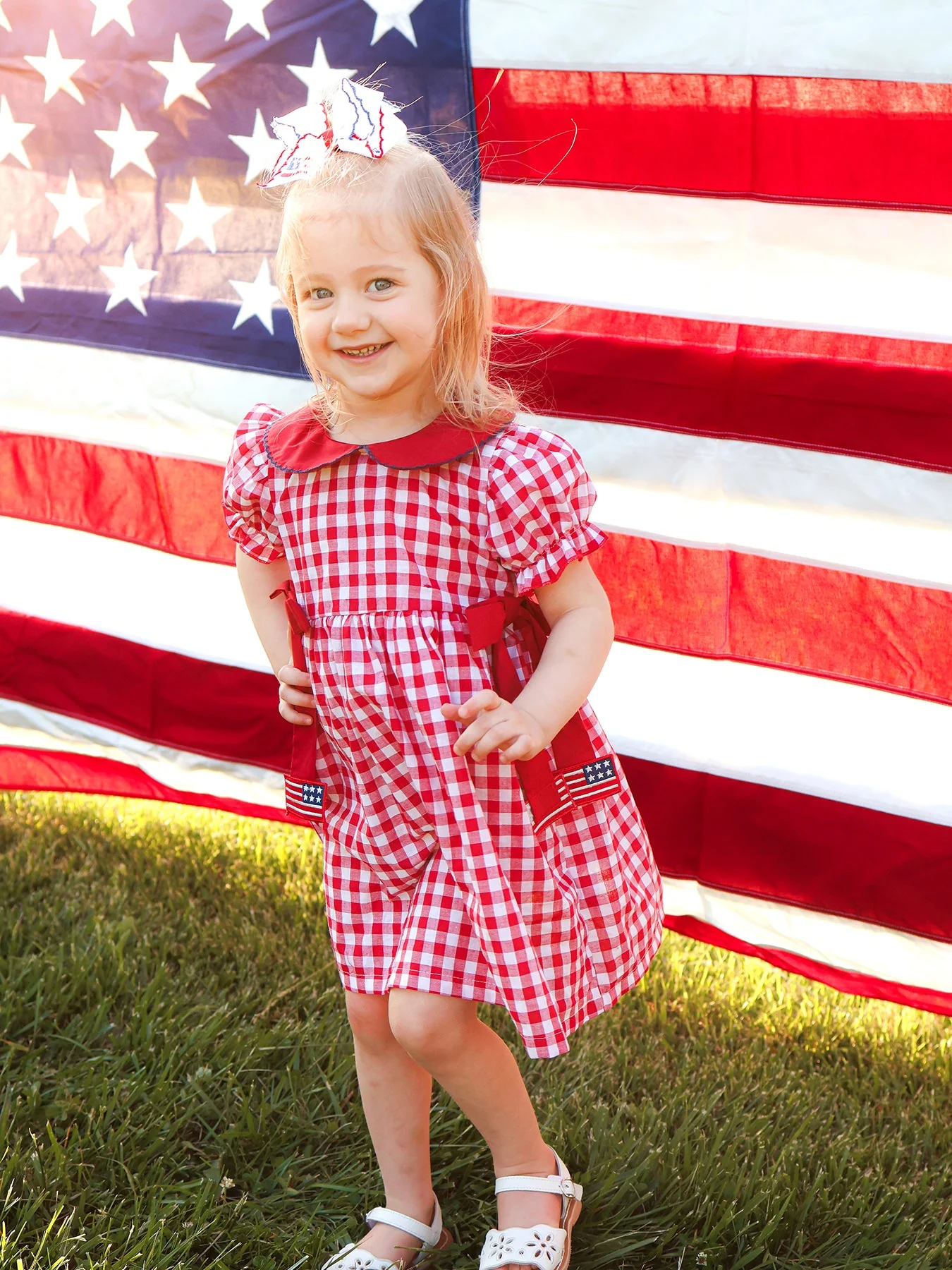 4th of July Flag Plaid Girl Peter Pan Collar Dress Bow - Image 2