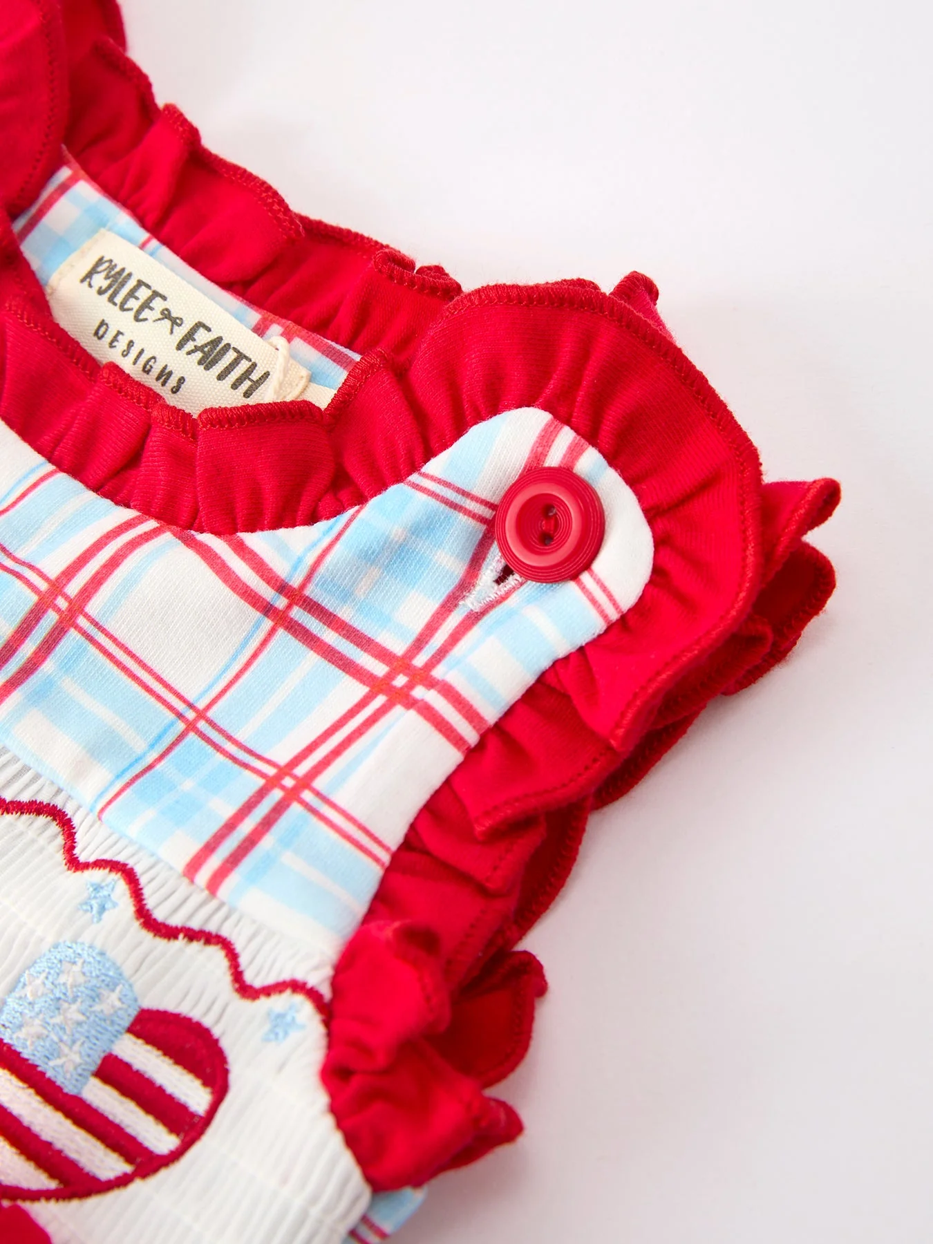 4th of July Plaid Bow Girls Set Smocked Puff Sleeve Top Bloomer - Image 3