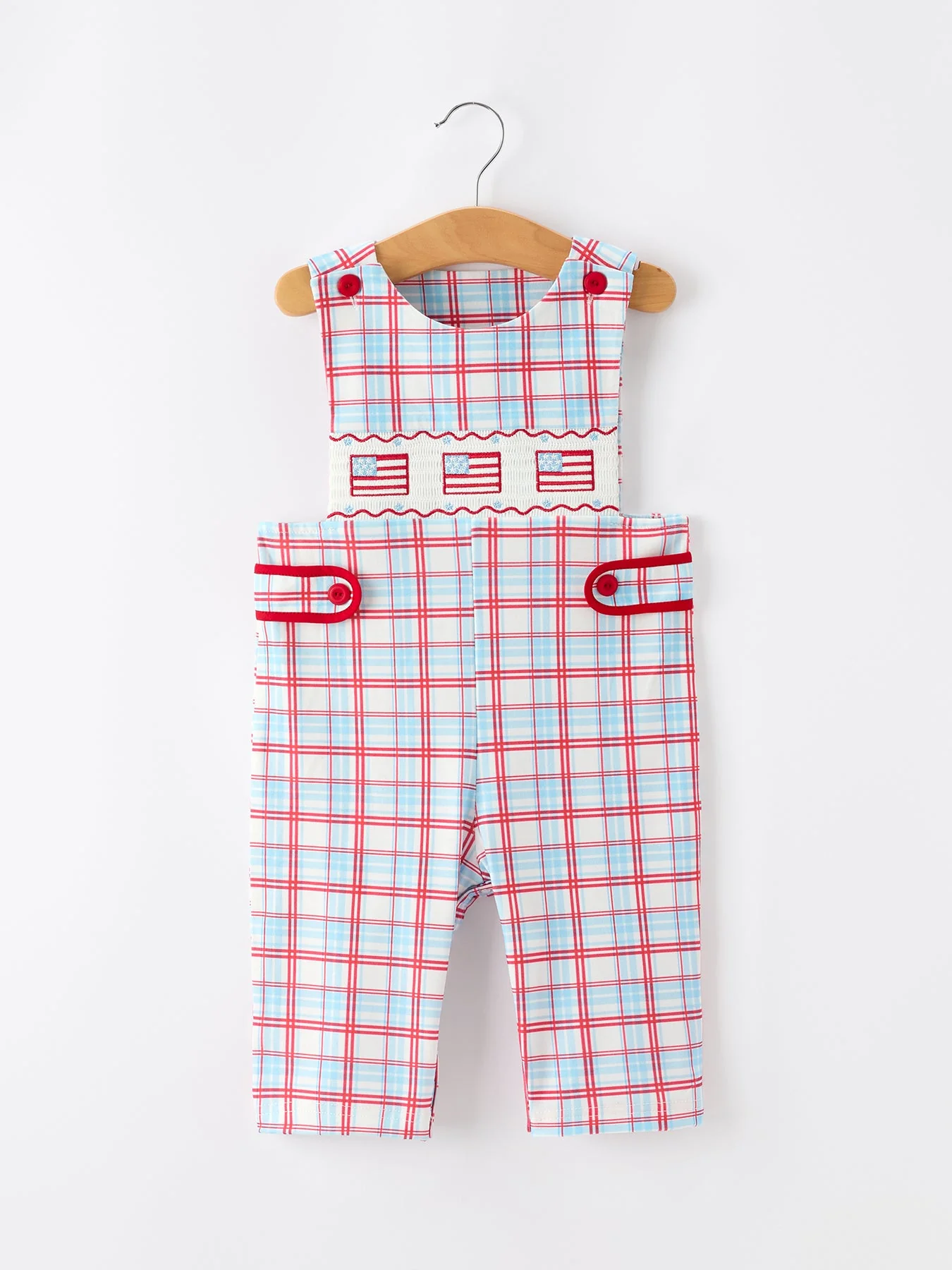 4th of July Plaid Boys Romper Smocked Flag Button Strap