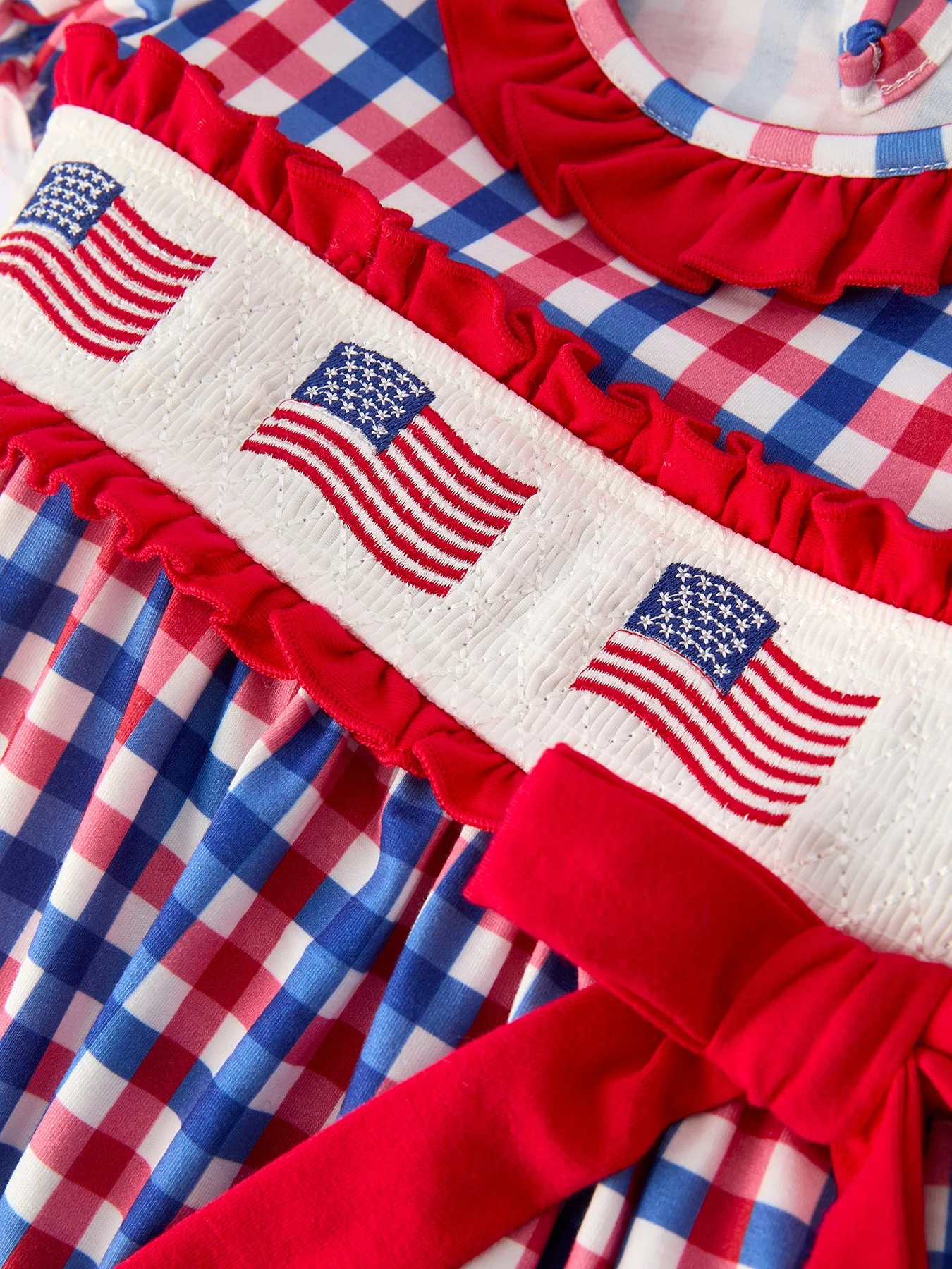 4th of July Plaid Flag Girl Dress With Bow - Image 4
