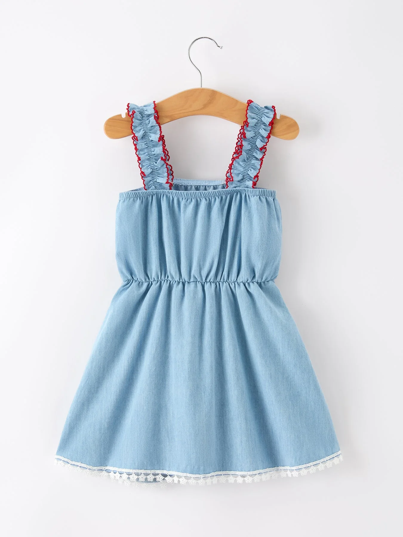 4th of July USA Chenille Girls Romper Dress Denim Lace Trim - Image 2