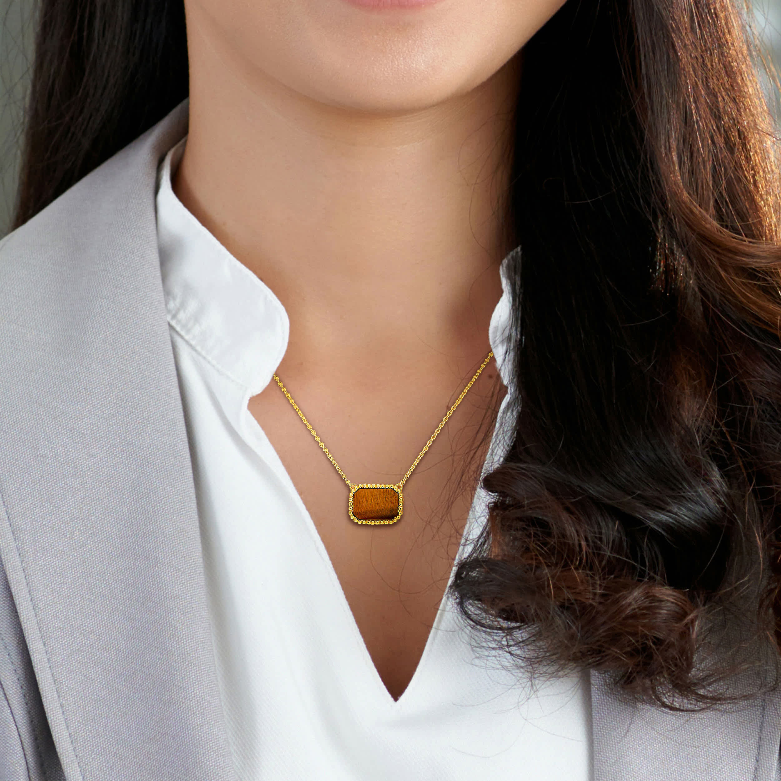 5 CT TGW Tiger eye Necklace With Chain Yellow Silver Length (inches): 17 - Image 5